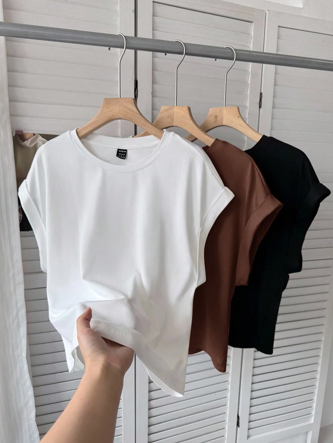 SHEIN LUNE 3pcs Women's Casual Solid Color Basic Short Sleeve T-Shirts Basic Tops,Casual