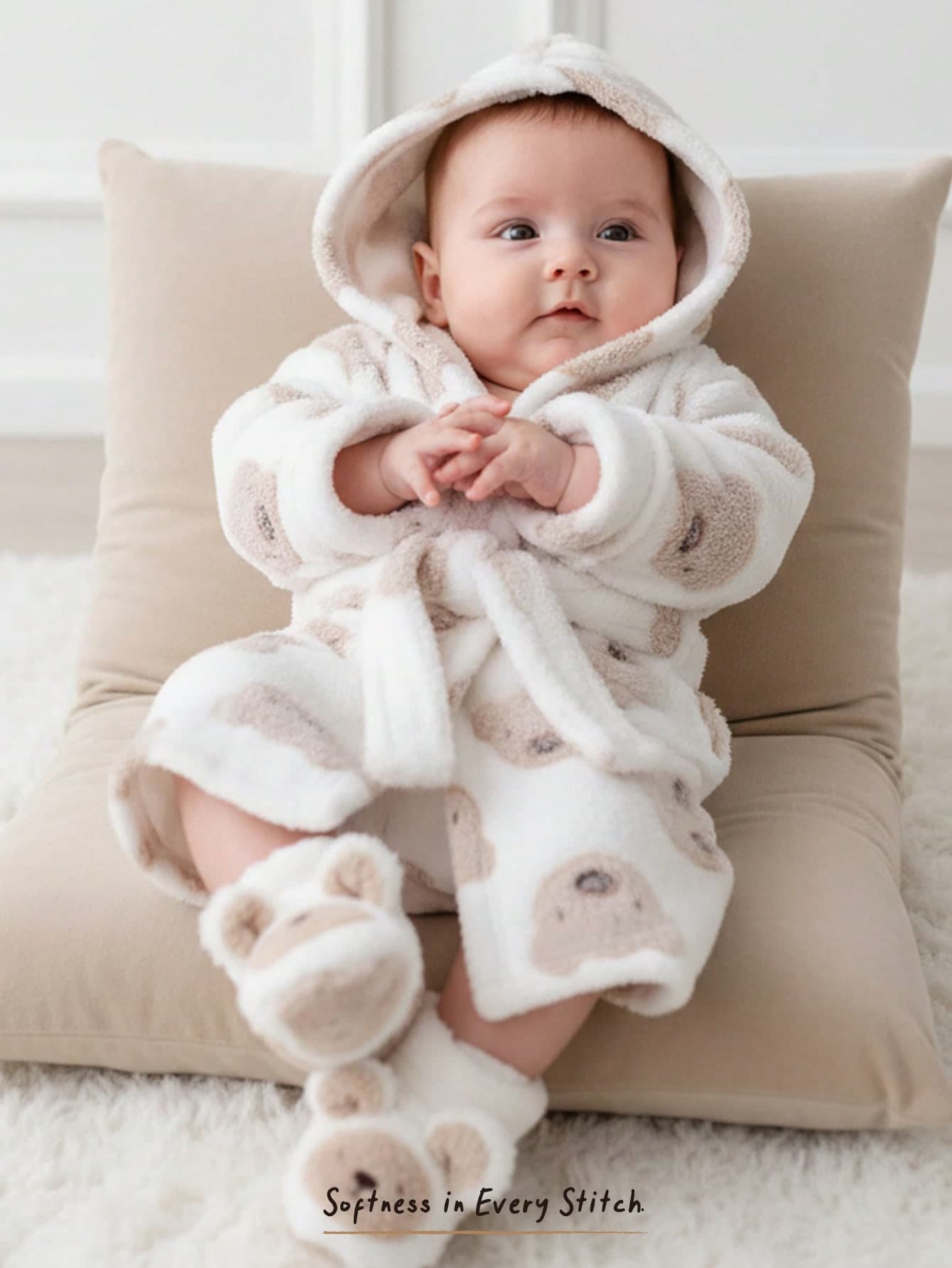 Cozy Pixies Newborn Baby Boy/Girl Cartoon Bear Pattern Fleece Thick Hooded Long Sleeve Tie-Front Robe Autumn Winter
