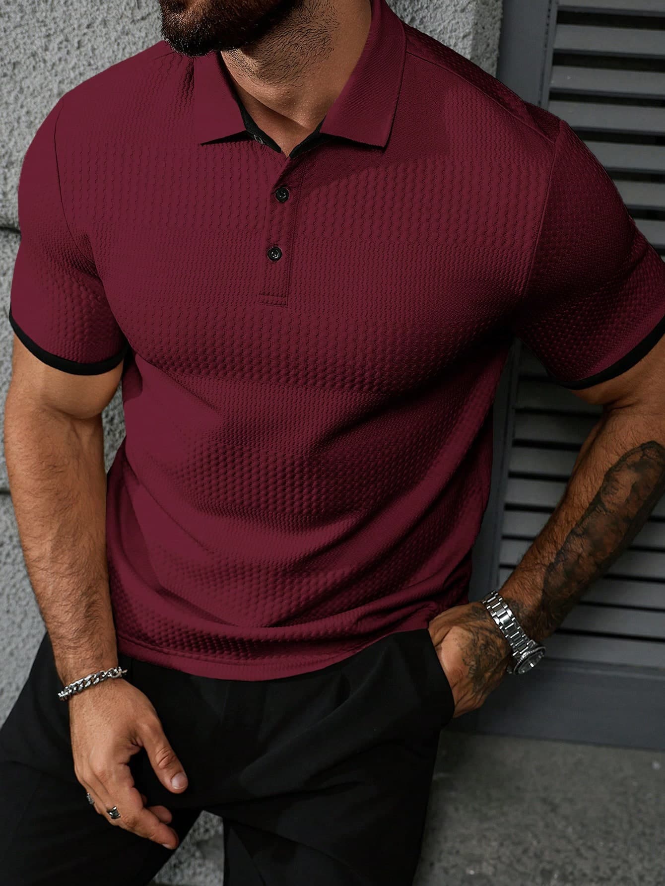 Manfinity Homme Men's Contrast Trim Short Sleeve Polo Shirt,Summer Casual Golf Shirt In Burgundy Red,Mesh Old Money Style For Daily Leisure,Outdoor,Work&Parties, Formal