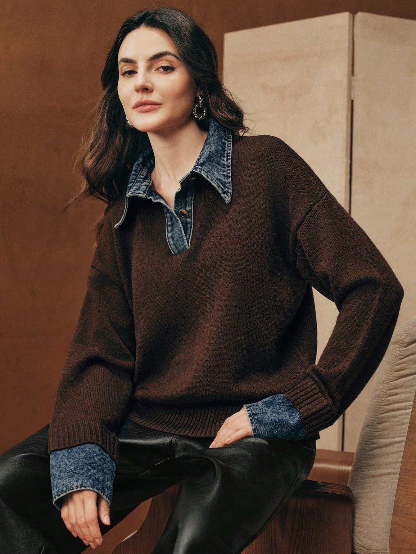 Anewsta Women's Solid Color Denim Patchwork Long Sleeve Elegant Pullover Sweater