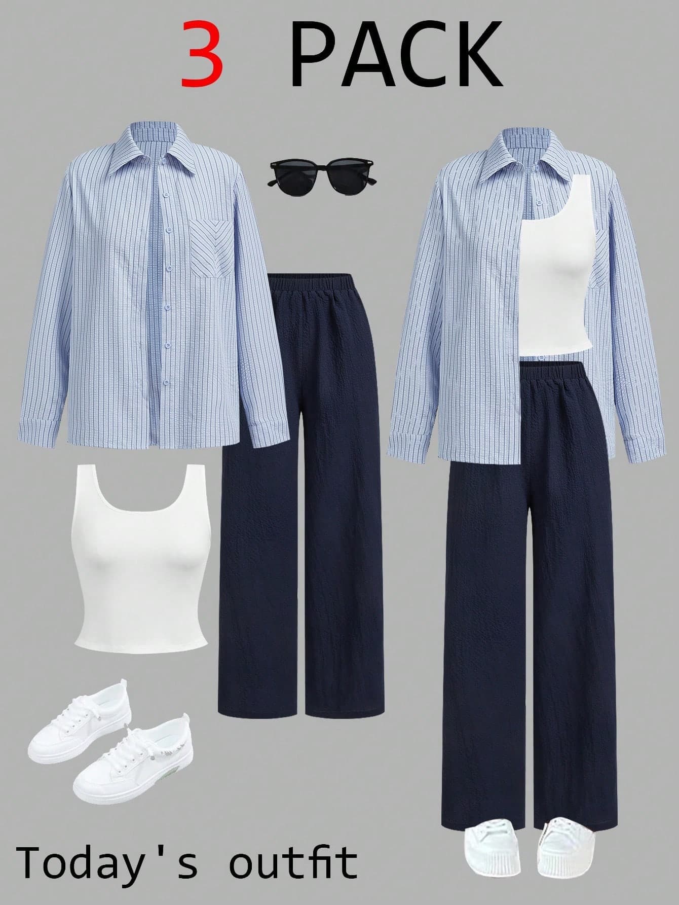 SHEIN LUNE Women's Casual Striped Shirt & Pants 3pcs/Set Winter Clothes For Women Sets Two Pieces Work Outfits Summer