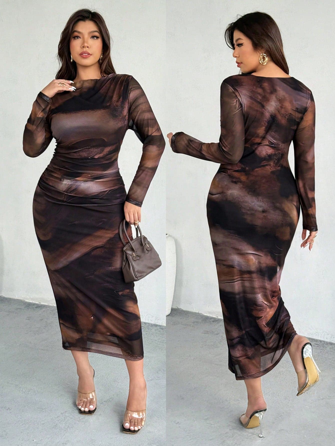 Firerie Plus Size Elegant Simple Tie Dye Printed Pleated Long Sleeve Dress Long Sleeve Elegant Dress Curve Elegant Dress Curve Fall