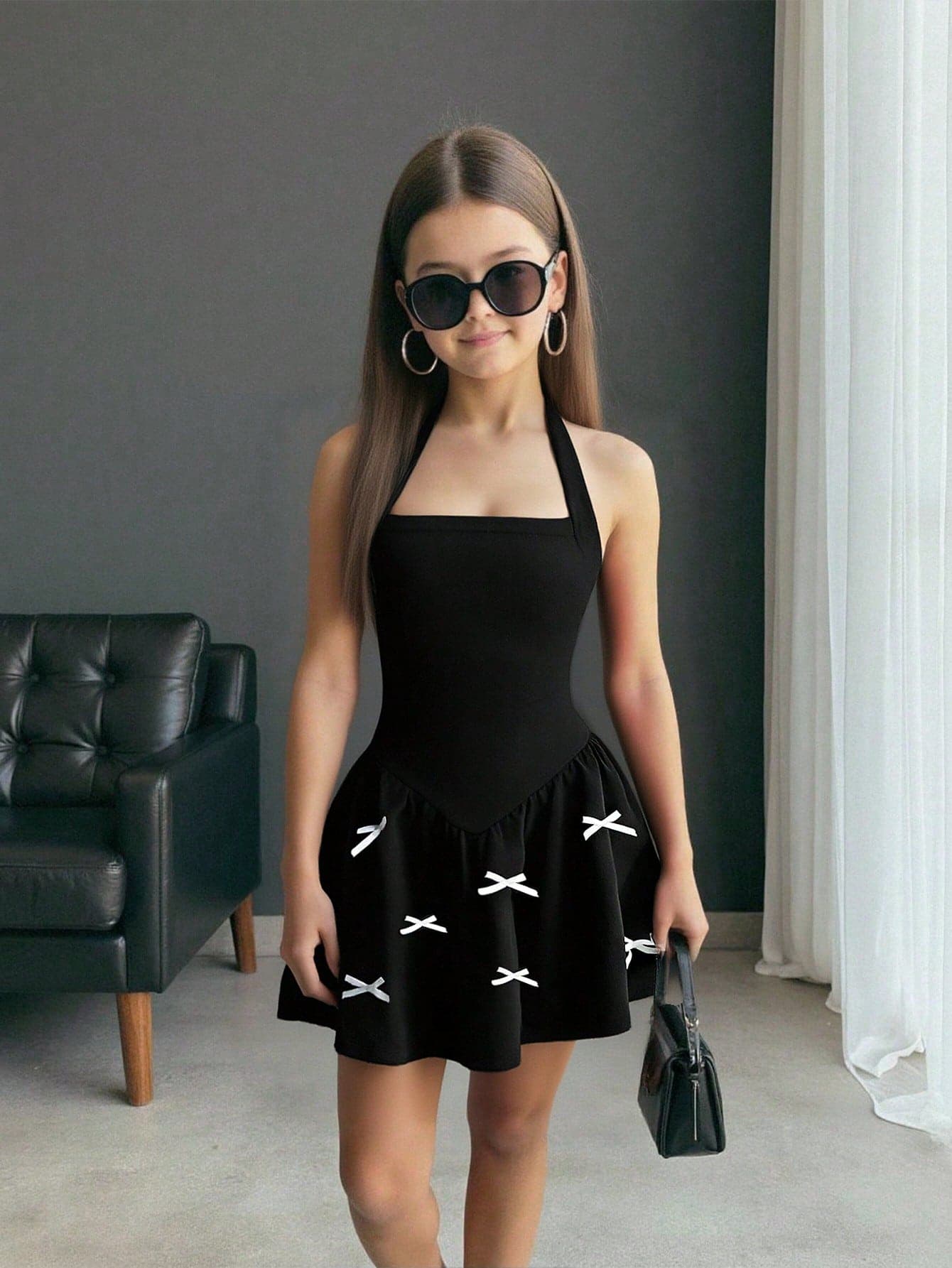SHEIN Firerie Kids Tween Girl's Fashionable Black Halter Neck Fitted Bowknot Dress, Spring/Summer
