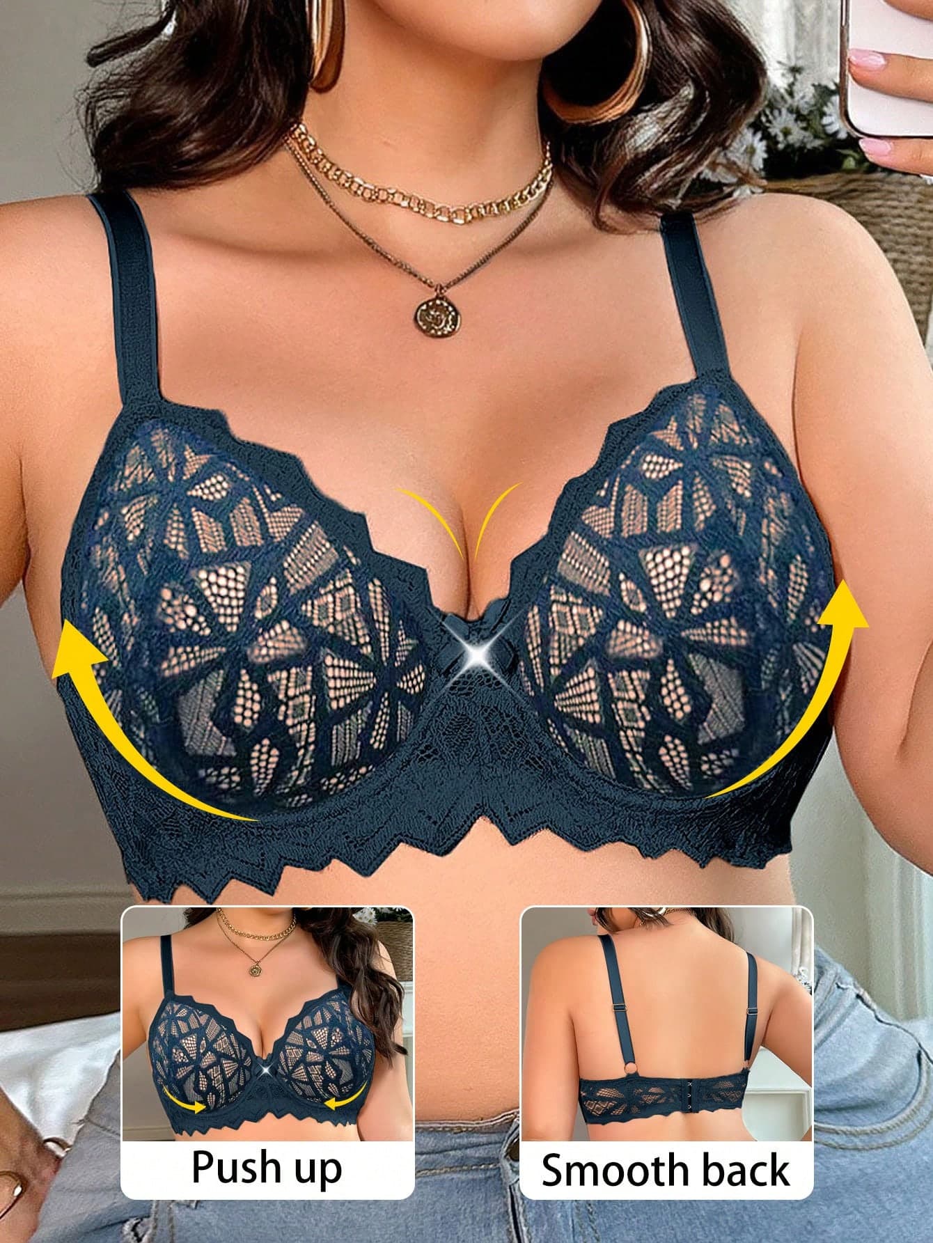 Plus Size Women Sheer Lace Underwire Push Up Bra, Lift