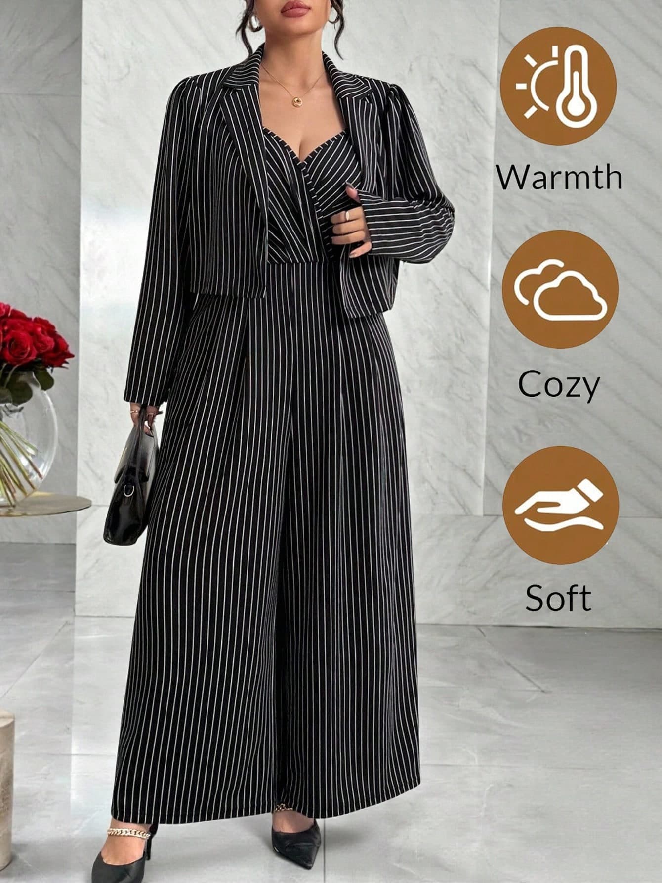 Modelyn Plus Size Fashionable Commuter Striped Jacket And Jumpsuit 2 Pieces Set