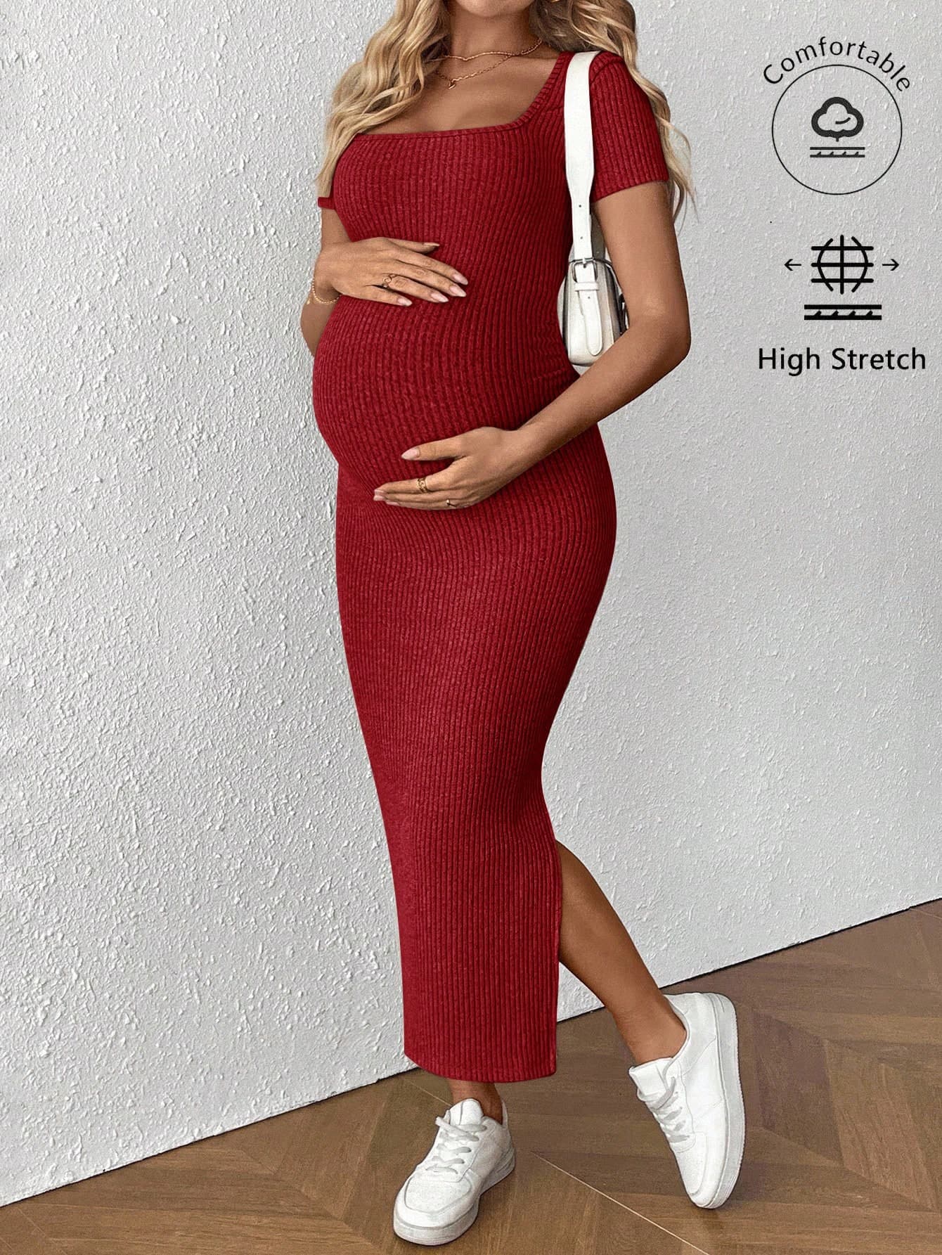 SHEIN Maternity Solid Color Square Neck Short Sleeve Ribbed Side Slit Hem Fitted Casual Dress