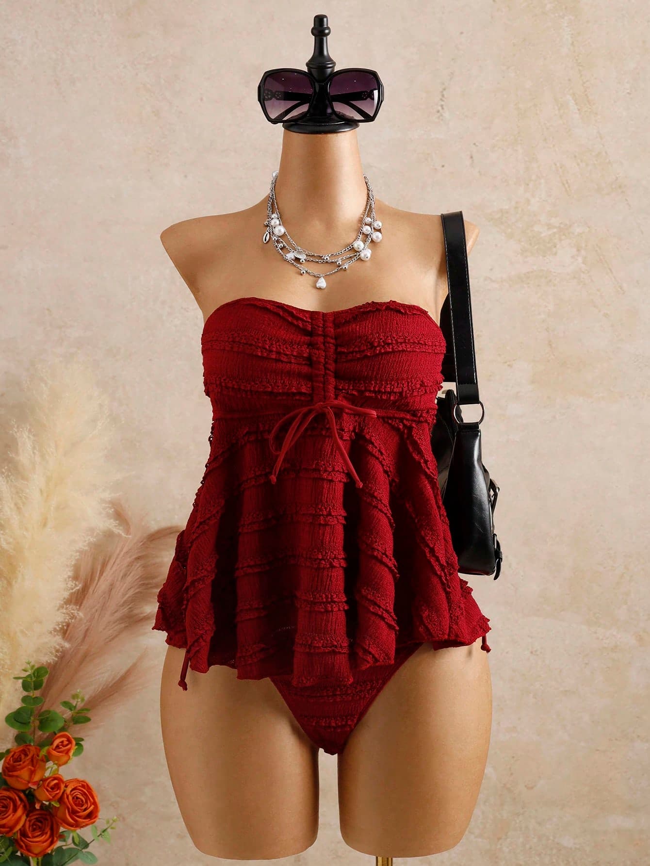 Bellisia Women's Elegant Red Bikini Summer Beach Party Outfits,Textured Fabric Strapless Detachable Strap Camisole Mini Skirt,Bohemian Backless Vacation Dress
