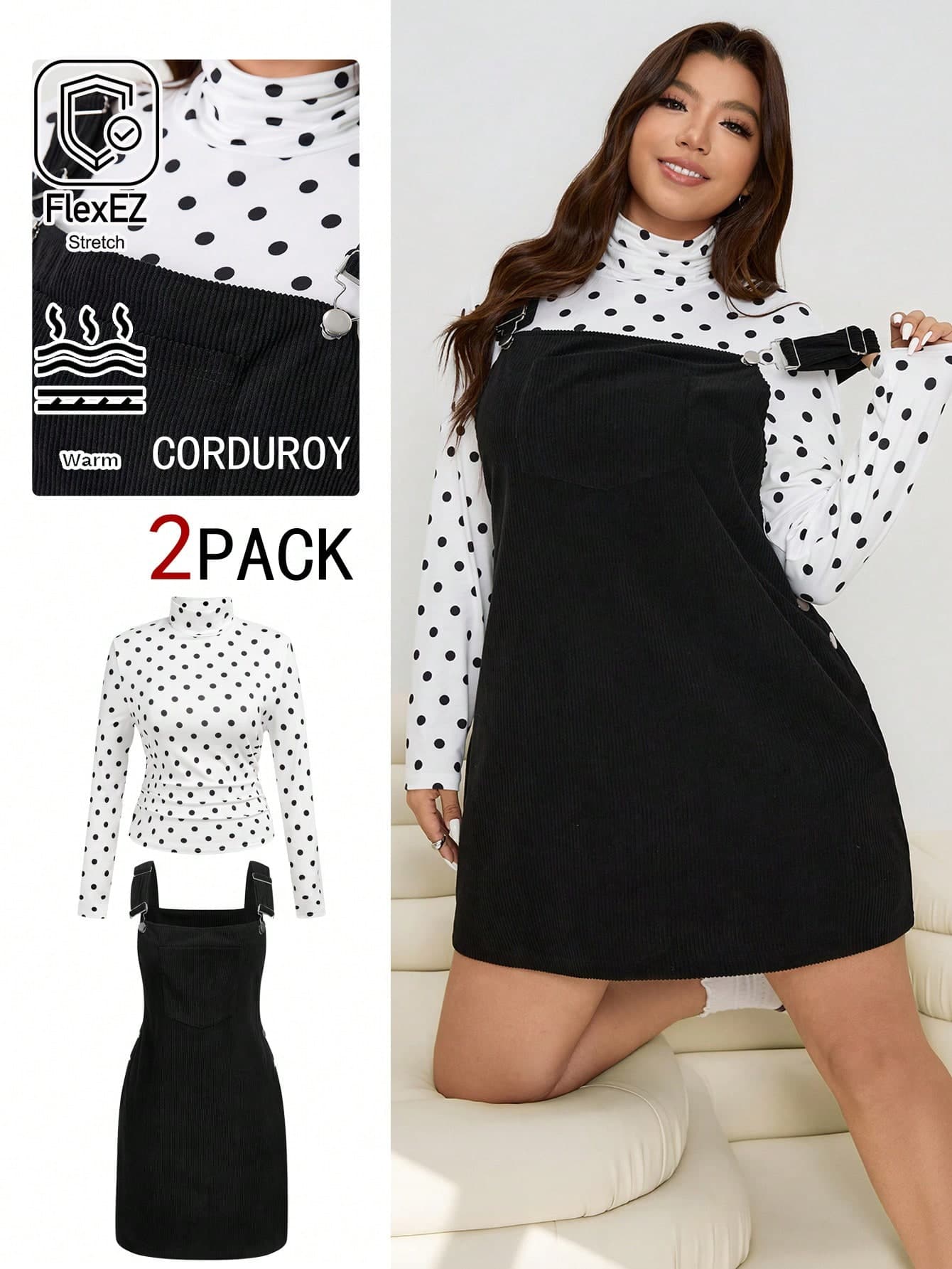 Solflare Plus Size 2-Piece Set,Black And White Polka Dot High Neck Long Sleeve T-Shirt & Corduroy Suspender Jumpsuit Dress,Autumn Cute School Back-To-School