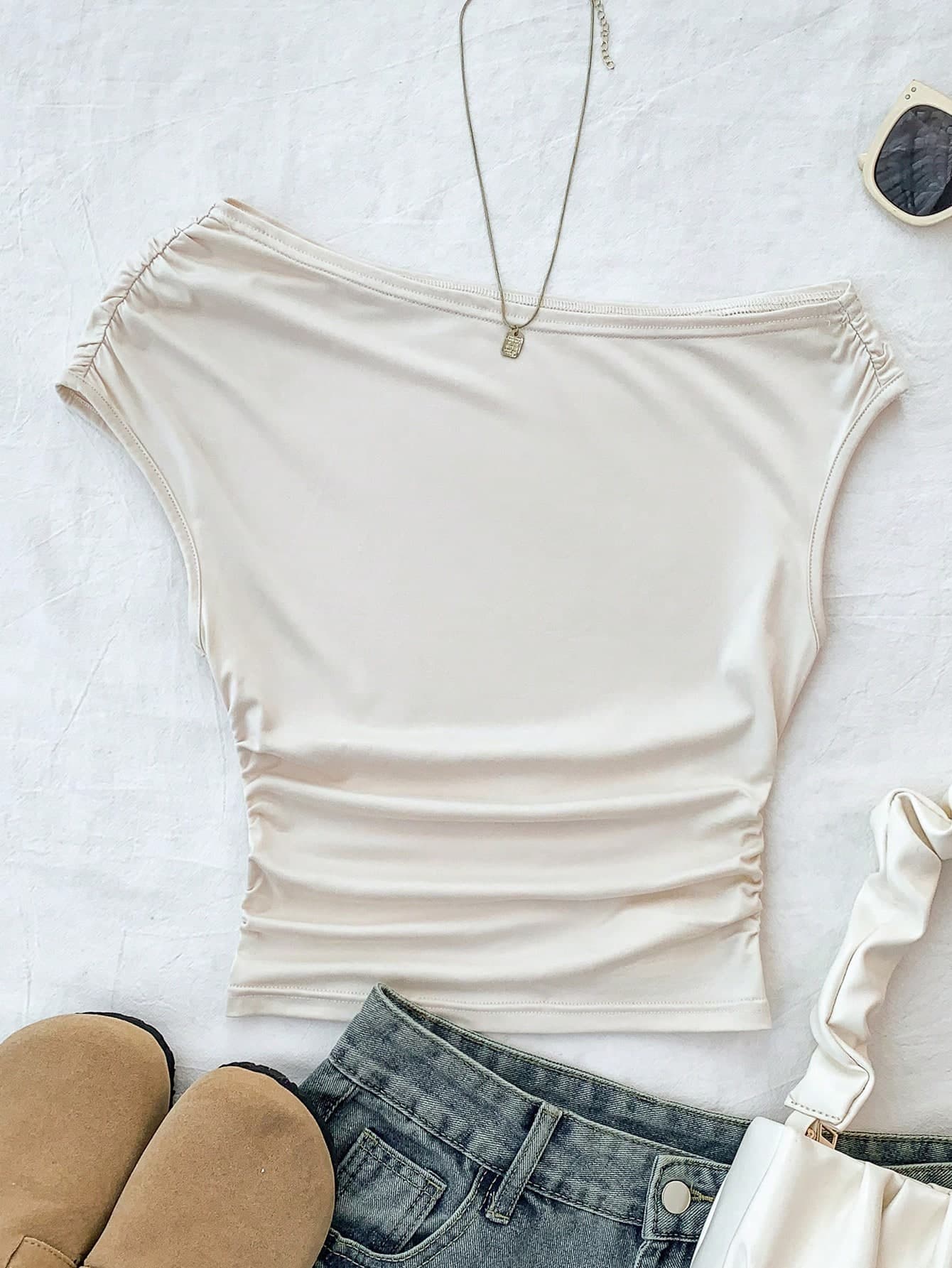 Teen Girls'White Knit Casual Minimalist Polka Dot Print Asymmetric Ruched Cropped Camisole,Summer Holiday Personalized Styling Daily Wear