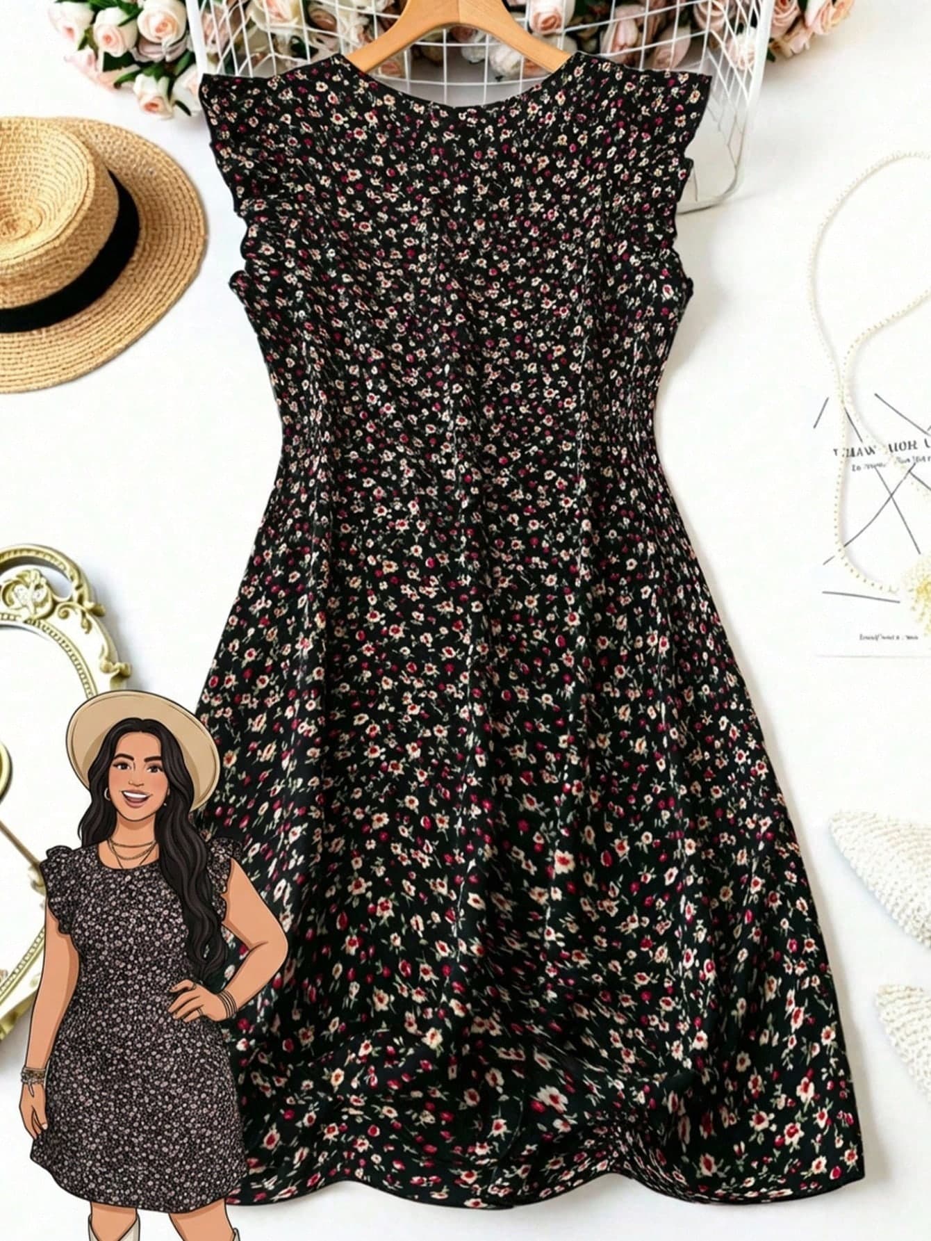 Rusticease Plus Size Holiday Casual All-Over Ditsy Floral Short Flutter Sleeve Dress For Summer,Beach Dress Sundress,Holiday Outfits Boho,Flower/Vacation/Spring