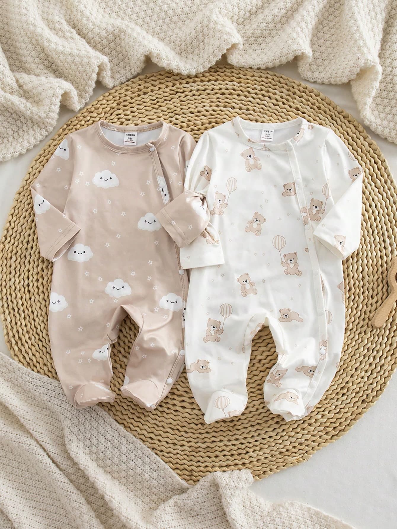 SHEIN Newborn Baby Boy Knitted Crew Neck Long Sleeve Footed Pants 2-Piece Outfit, Cloud & Cute Bear Pattern, Autumn/Winter Pajamas Set