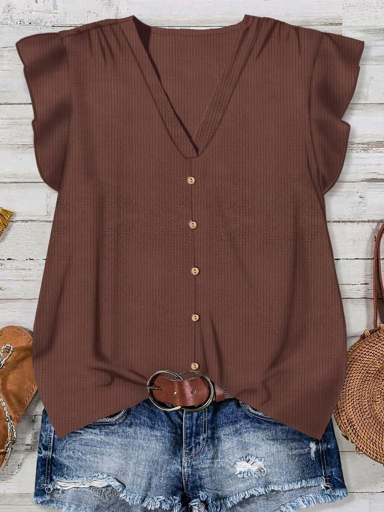 EMERY ROSE Plus Size Women V-Neck Button Design Cap Sleeve Blouse Spring