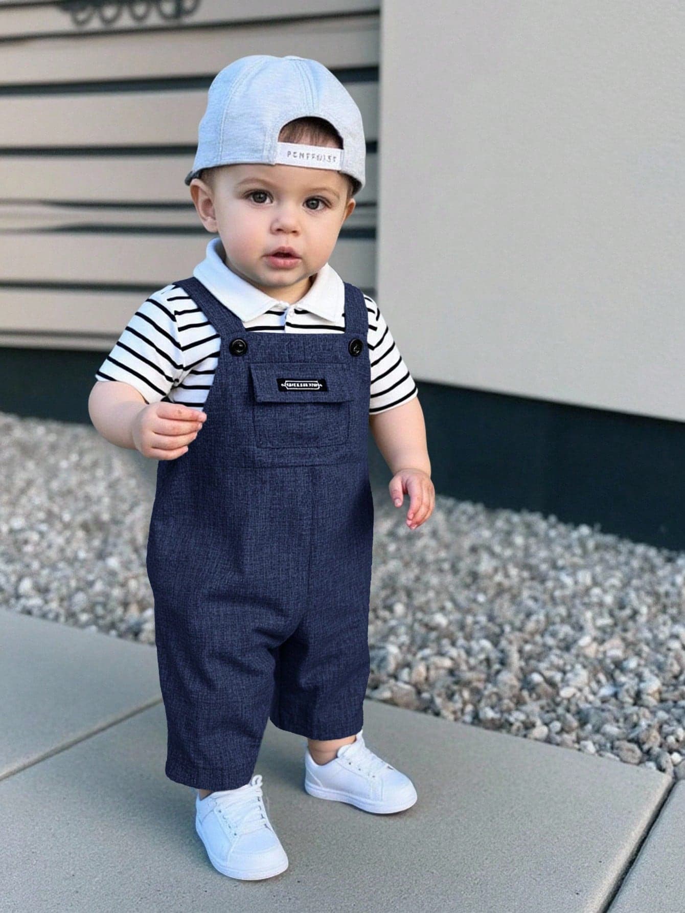 Baby Boy Navy Blue Cute College Style Bib Jumpsuit For Summer Casual Family Matching Birthday Party,Wedding,Performance,Baptism,1st Birthday,Shower