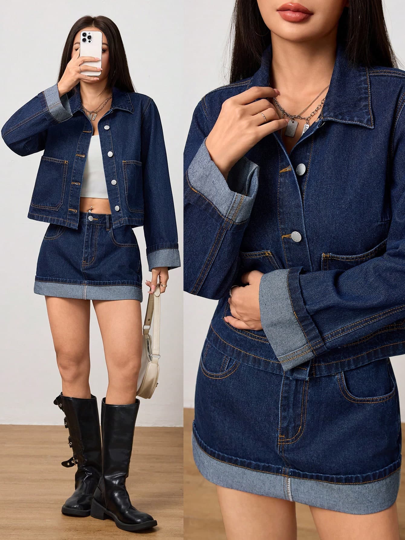 SHEIN PETITE Winter Summer Women's Commuter Casual Elegant Washed Denim Jacket And Mini Skirt Denim Set ,Petite Women