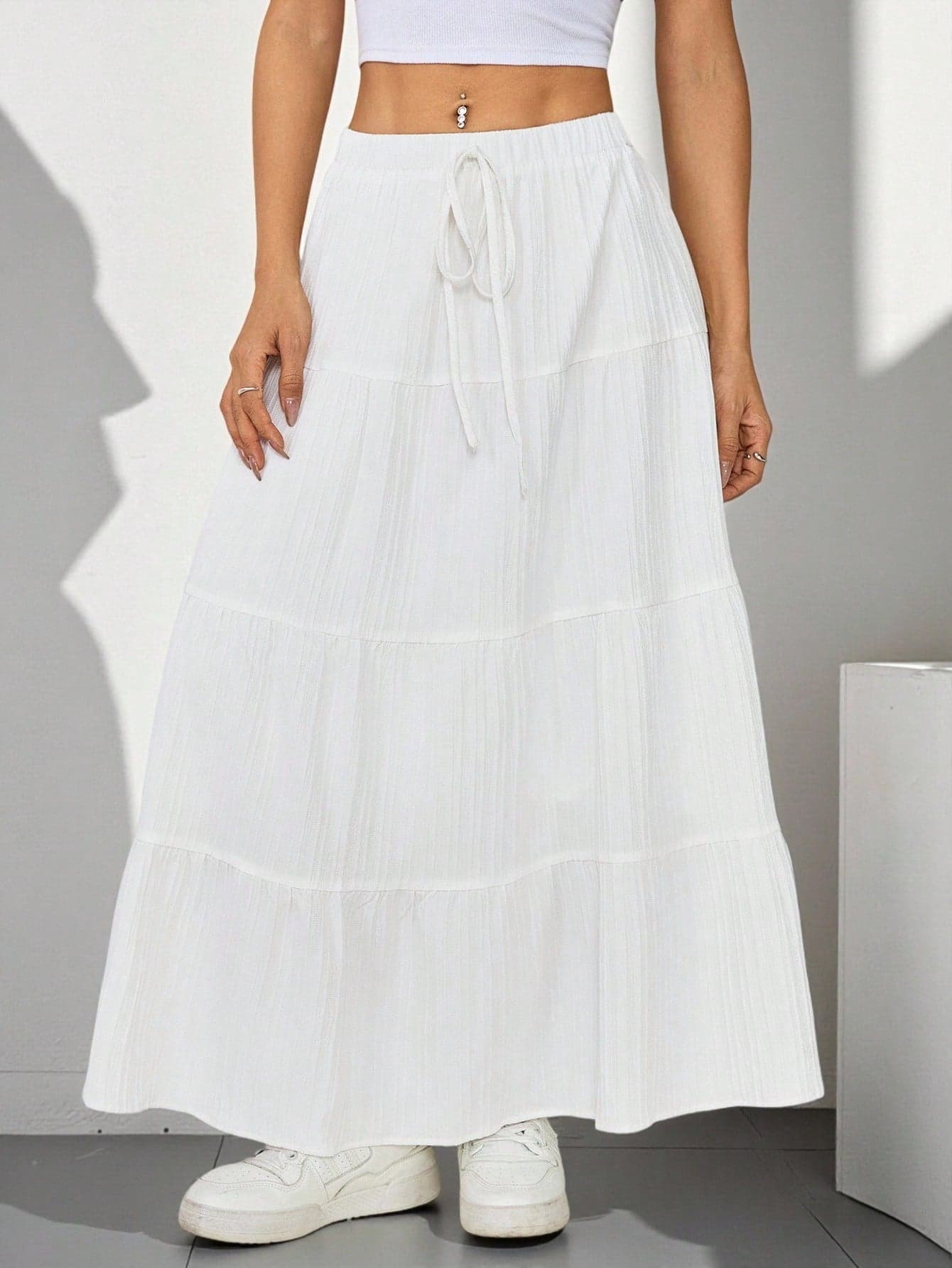 SHEIN PETITE Women Solid Color High Waist Tie Ruffled Hem Maxi Skirt ,Petite Women