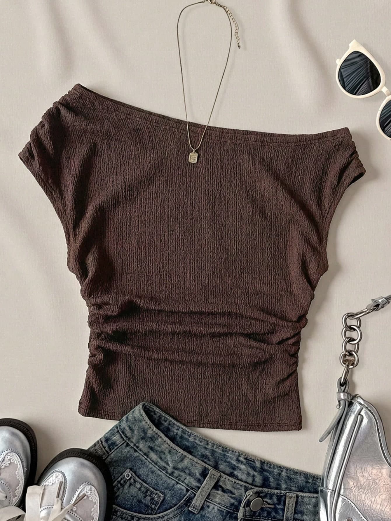 Teen Girls' Brown Knit Casual Summer Holiday Asymmetric Ruched Cropped Top,Minimalist Polka Dot Print Daily Wear Personalized Styling Valentine's Day