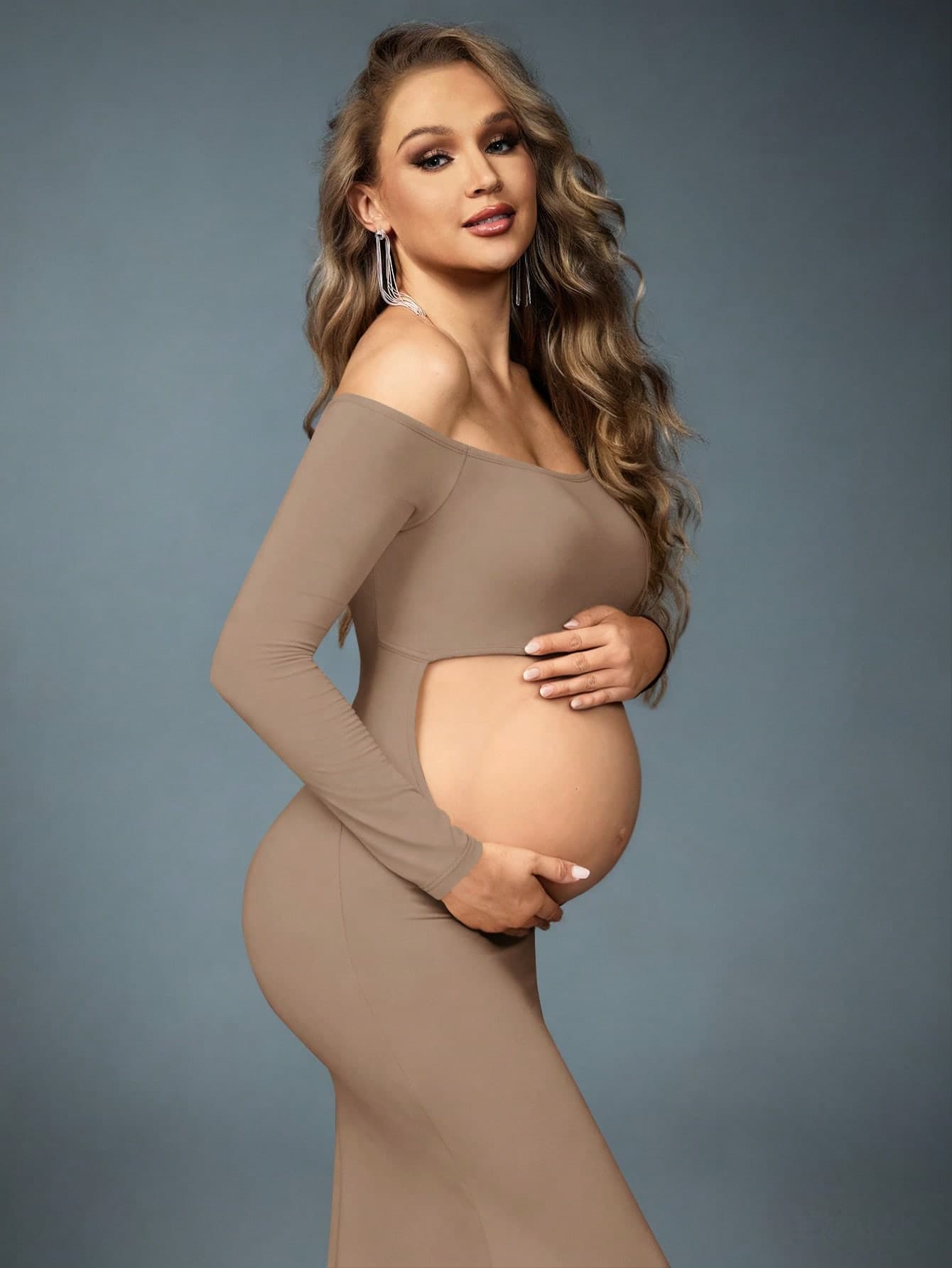 MaterniChic Off-Shoulder Long Sleeve Hollow Out Fitted Mermaid Dress, Maternity Photoshoot Outfit