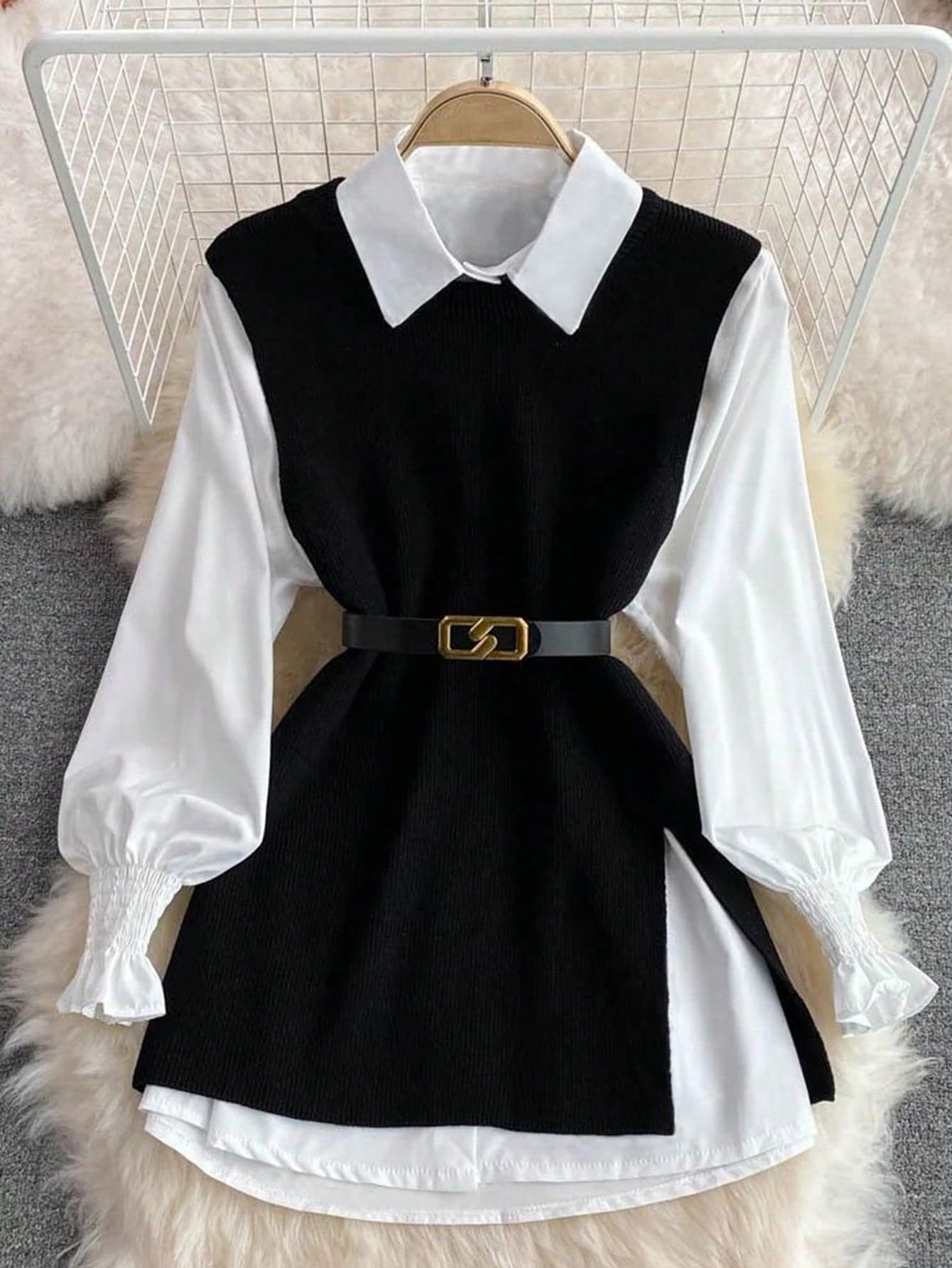 Franclia Women's Casual Solid Color Long Sleeve Dress And Slit Camisole Dress Set, Suitable For Commuting In Autumn