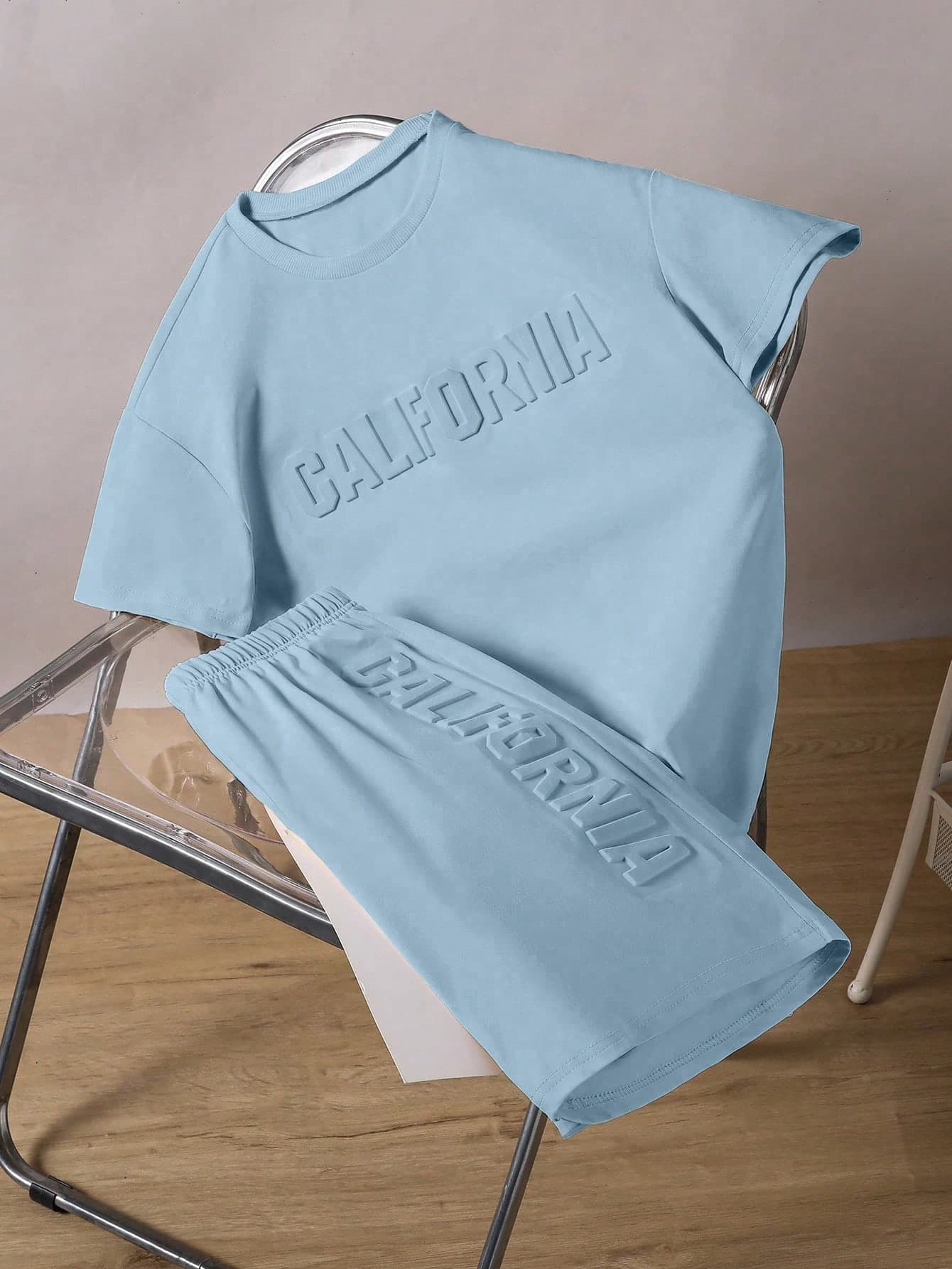 Mirajuku 2pcs Teenage Boys' Turquoise Casual Vacation Fashion Sports Short Sleeve T-Shirt And Shorts Set, 3D Letter Print Minimalist Sports Outfit, Summer