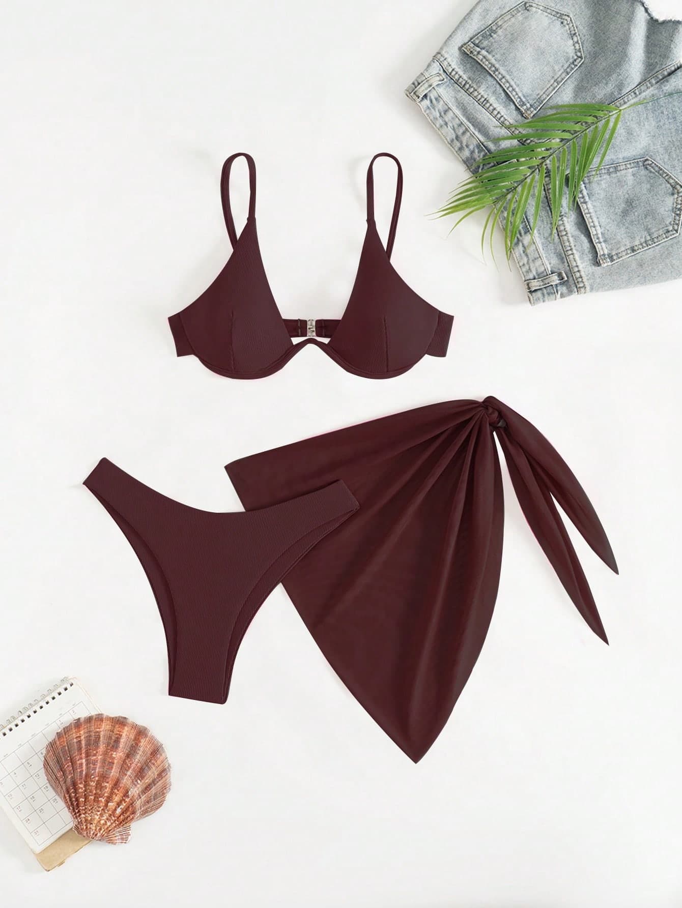 Swim Basics Women's Solid Color Halter Neck Simple Spaghetti Strap Bikini Swimwear Set With Sarong Skirt, Summer Beach