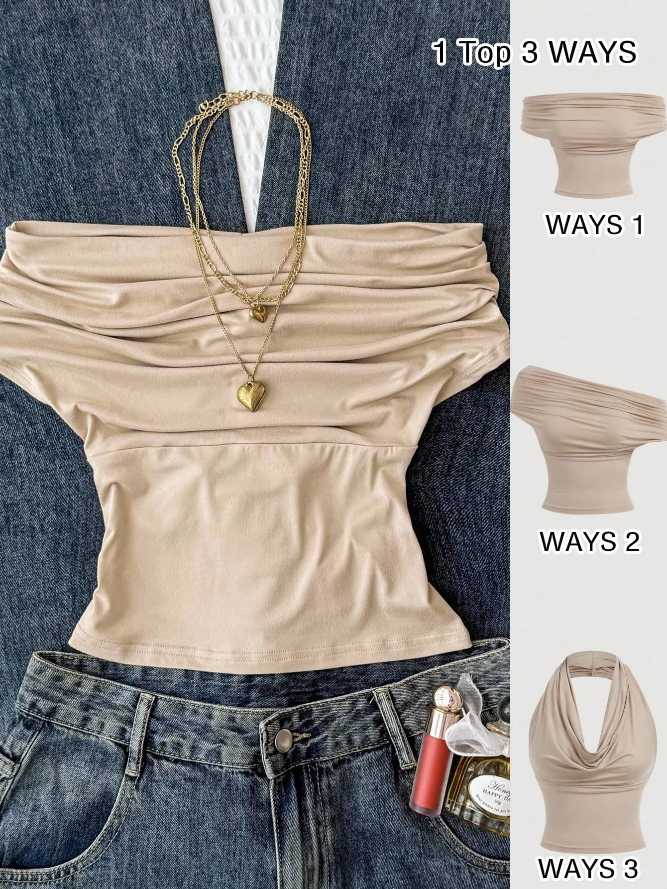 Teen Girl Khaki Summer Casual Fitted Blouse,High Neck Off-Shoulder Design,Elegant Party Wear,Versatile Solid Color Top For Beach Holiday & Vacation