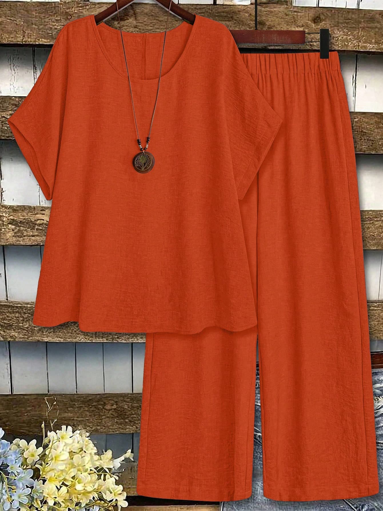 EMERY ROSE Plus Size Women Linen 2 Pieces Set,Short Sleeve T-Shirt And Pants Burnt Orange,Summer,Smart Casual,Vacation Comfy Summer Casual Solid Color