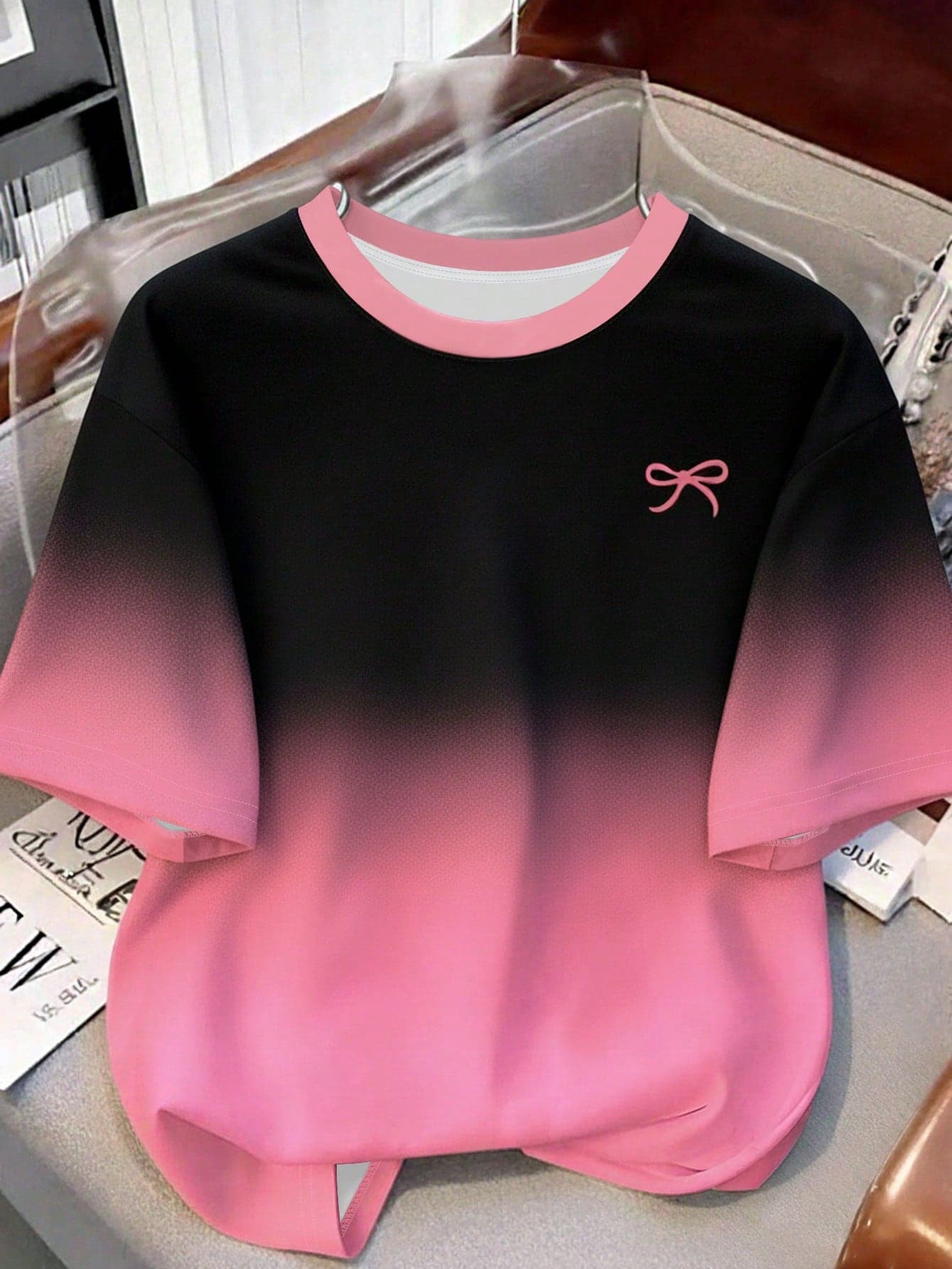 Resyla Women's Outdoor Casual Top, Butterfly Print Design, Pink & Black Ombre, Suitable For Outdoor, Holiday, Summer Wear, Date, Women's Short Sleeve T-Shirt