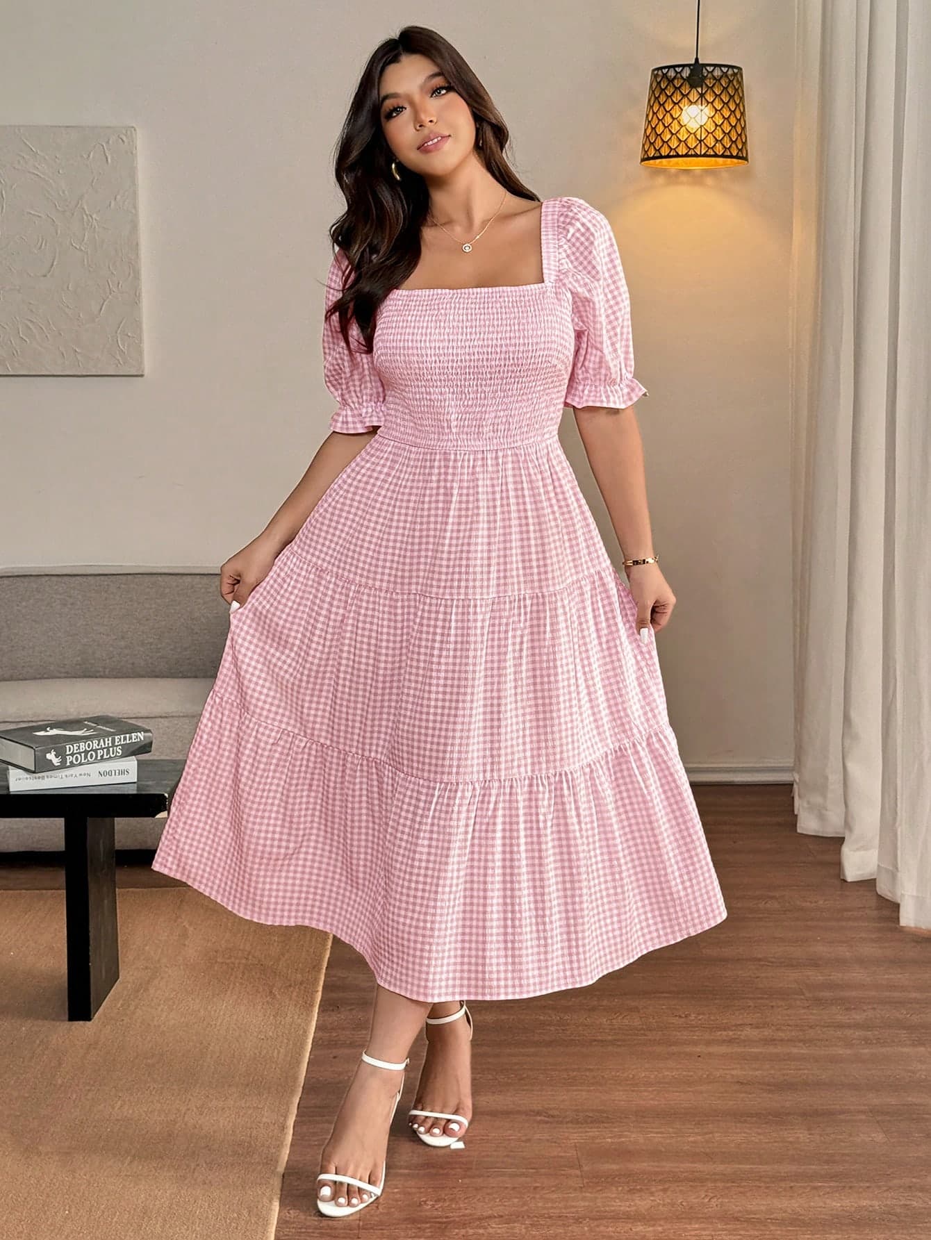 Vionelle Plus Size Summer Pink Gingham Striped Off The Shoulder Midi Casual A Line Dress With Half Puff Sleeves For Picnic