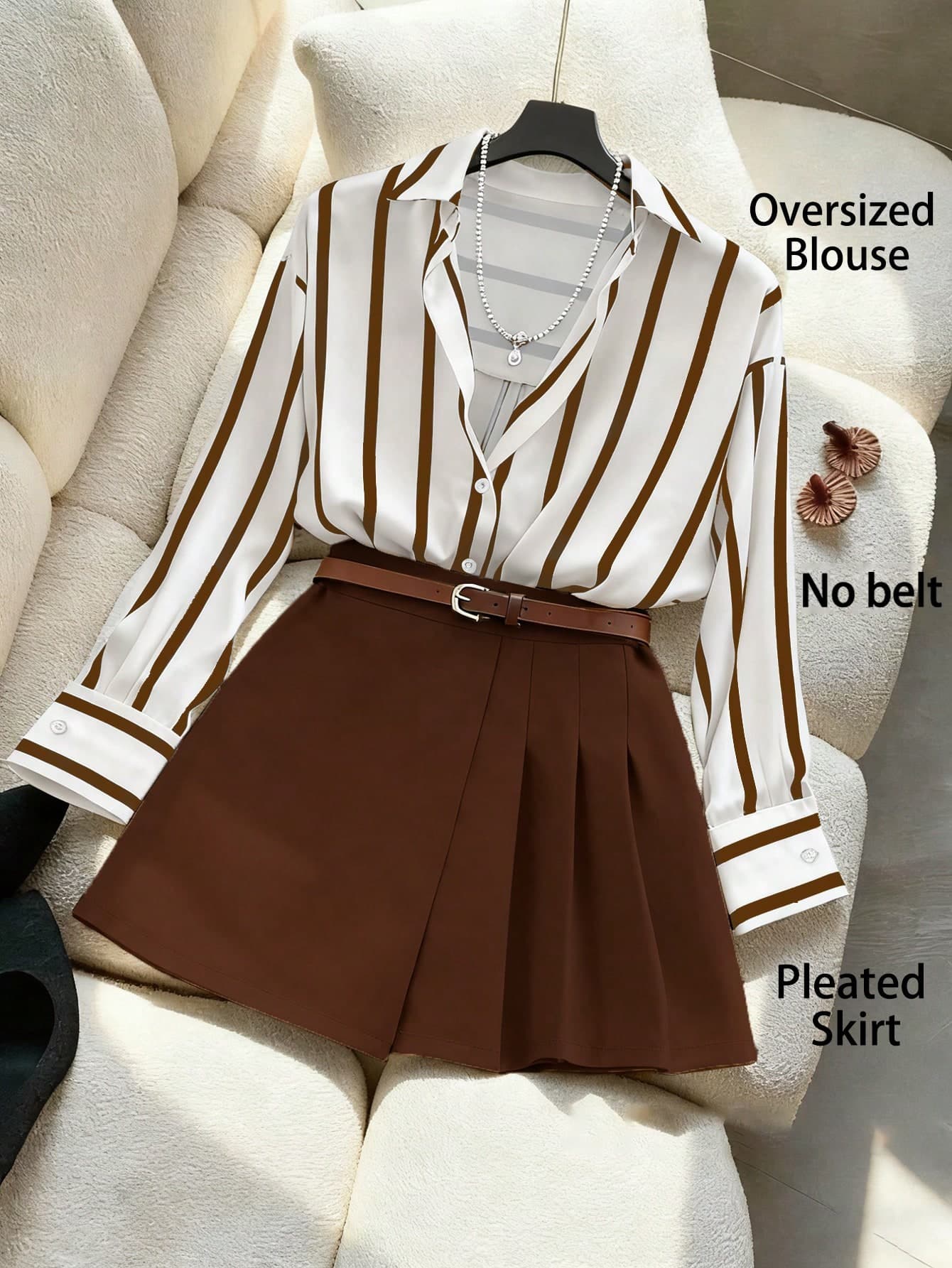 GlowEve White And Brown Shirt Asymmetric Pleated Skirt Pants, Elegant 2-Piece Set For Women Tea Party Autumn