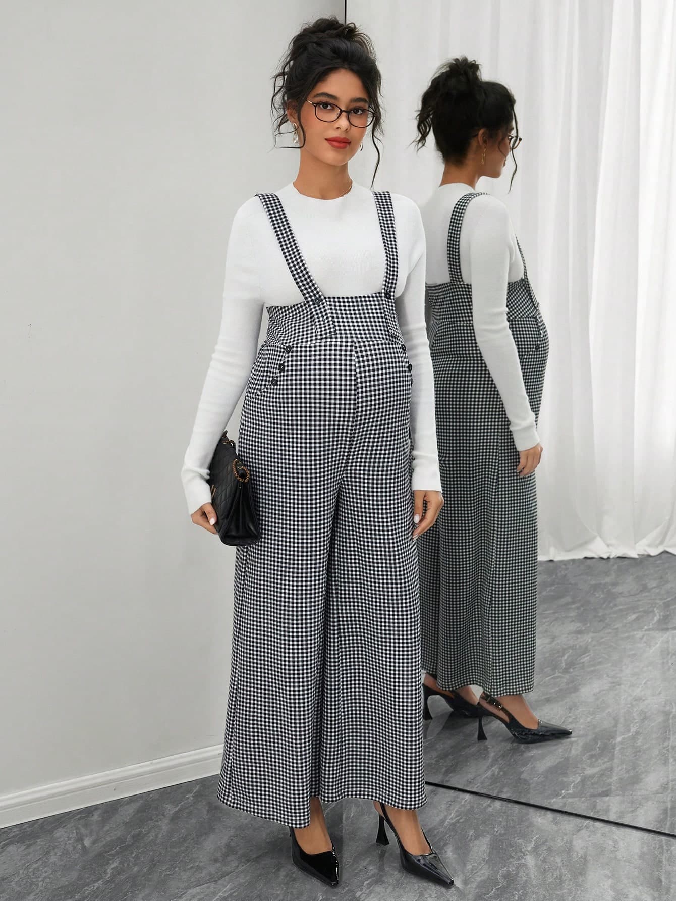 SHEIN Maternity Fashionable Plaid High Waist Bib Overall Pants