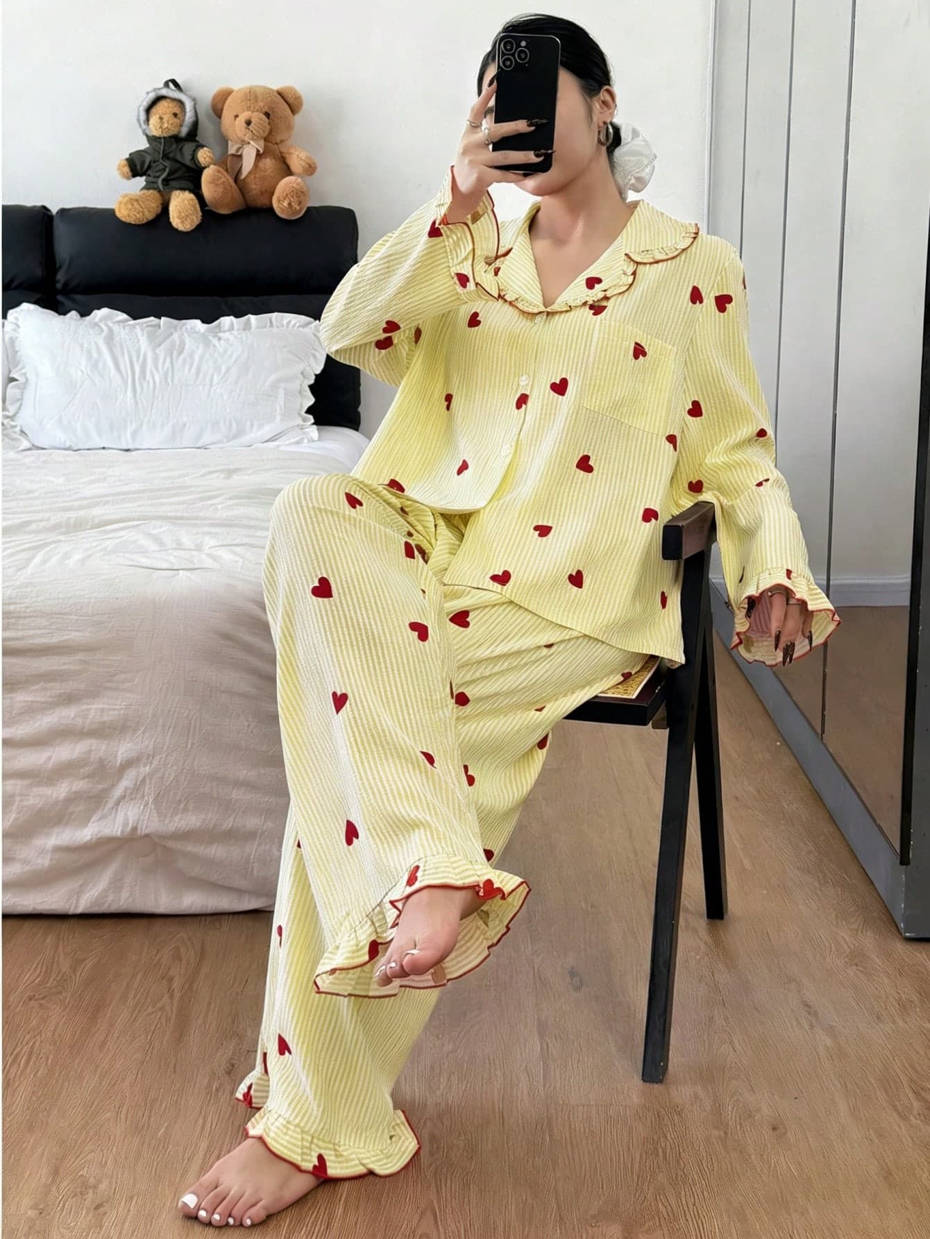 Napfluff CURVE Napfluff CURVE Plus Size Women Mushroom Collar Striped Heart Print Pajama Set Valentine's Pajama Sets For Women Long Sleeve