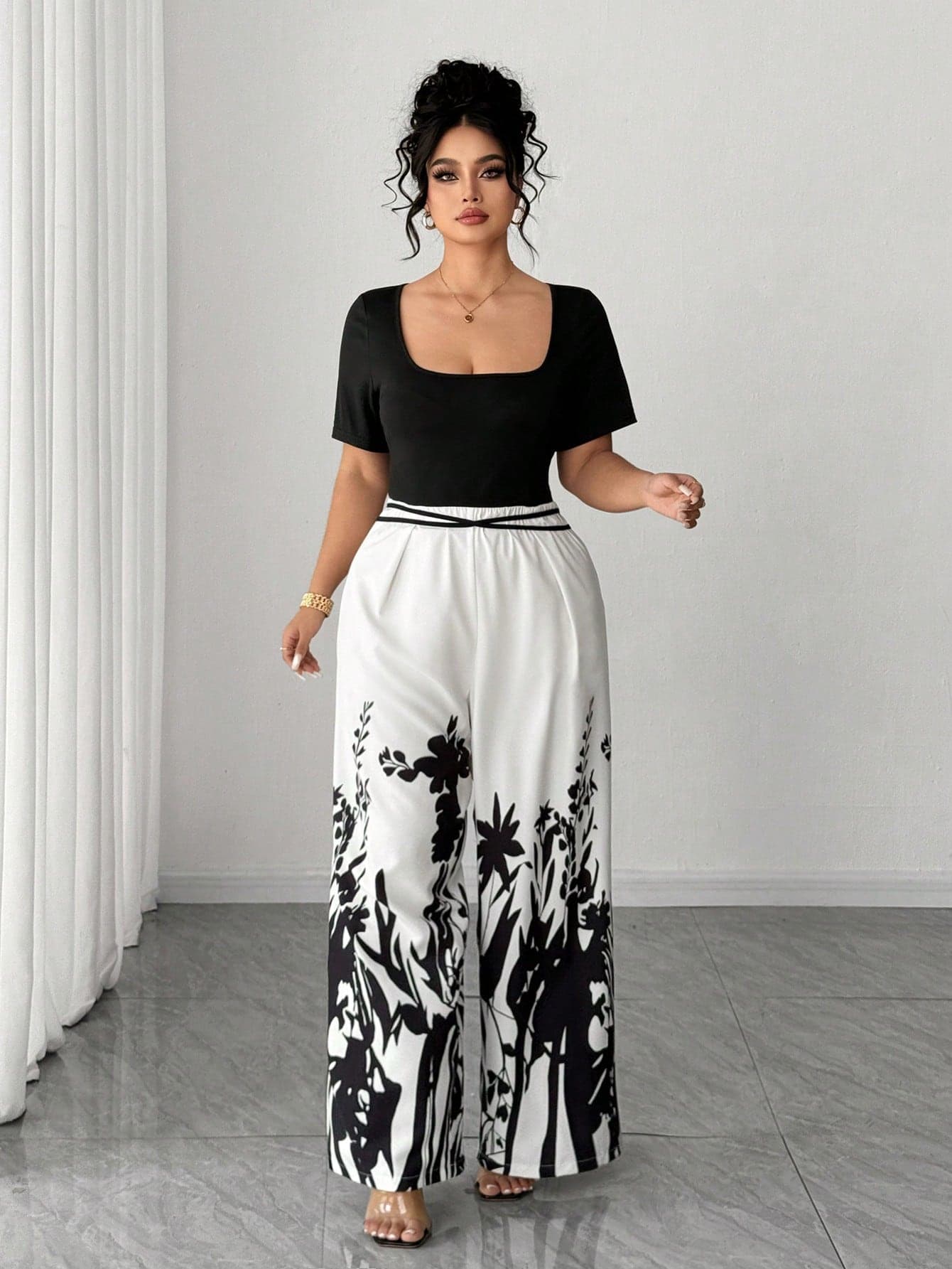 Elenzga Plus Size Women's Summer Elegant Black & White Floral Print Jumpsuit, Smart Casual Fitted Waist Wide Leg Jumpsuit, Vacation Outfit Sets Pants