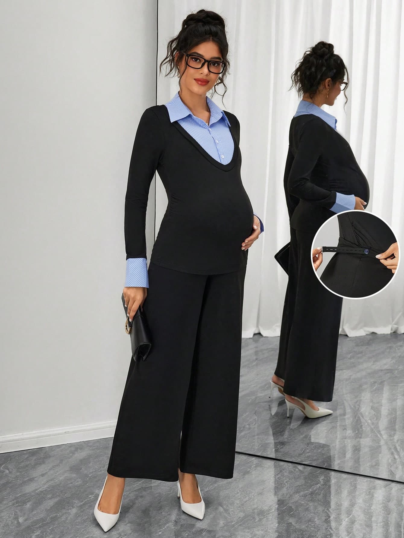 Momance Maternity Striped Shirt Collar Patchwork Long Sleeve Top And Adjustable Waist Wide Leg Pants Casual Commuter Suit