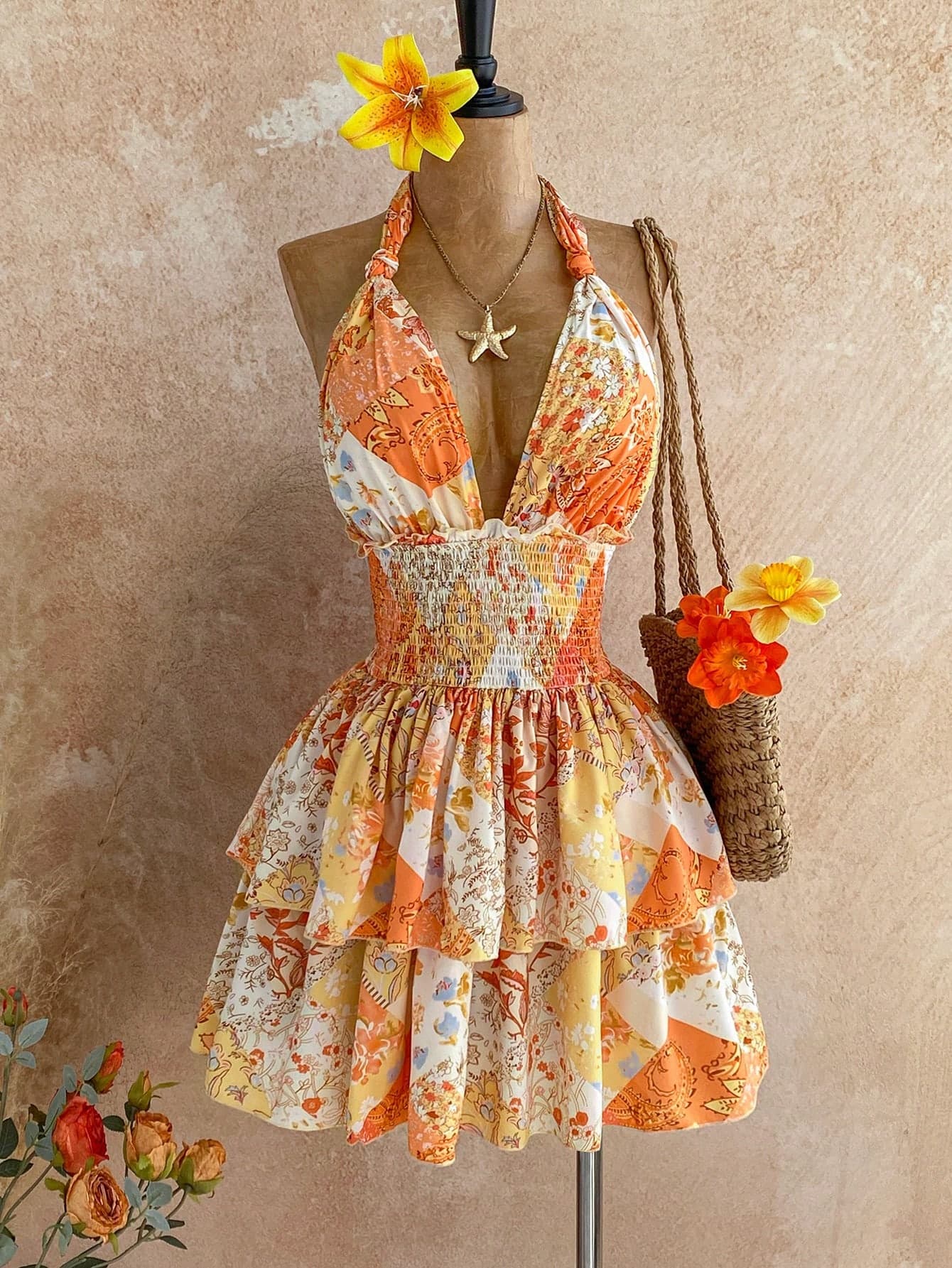 Soleia Vacation Vibe Multicolor Patchwork Floral Vintage Casual Pleated Twist Bow Halter Cinched Waist Ruffle Hem A-Line Dress Short Sunset