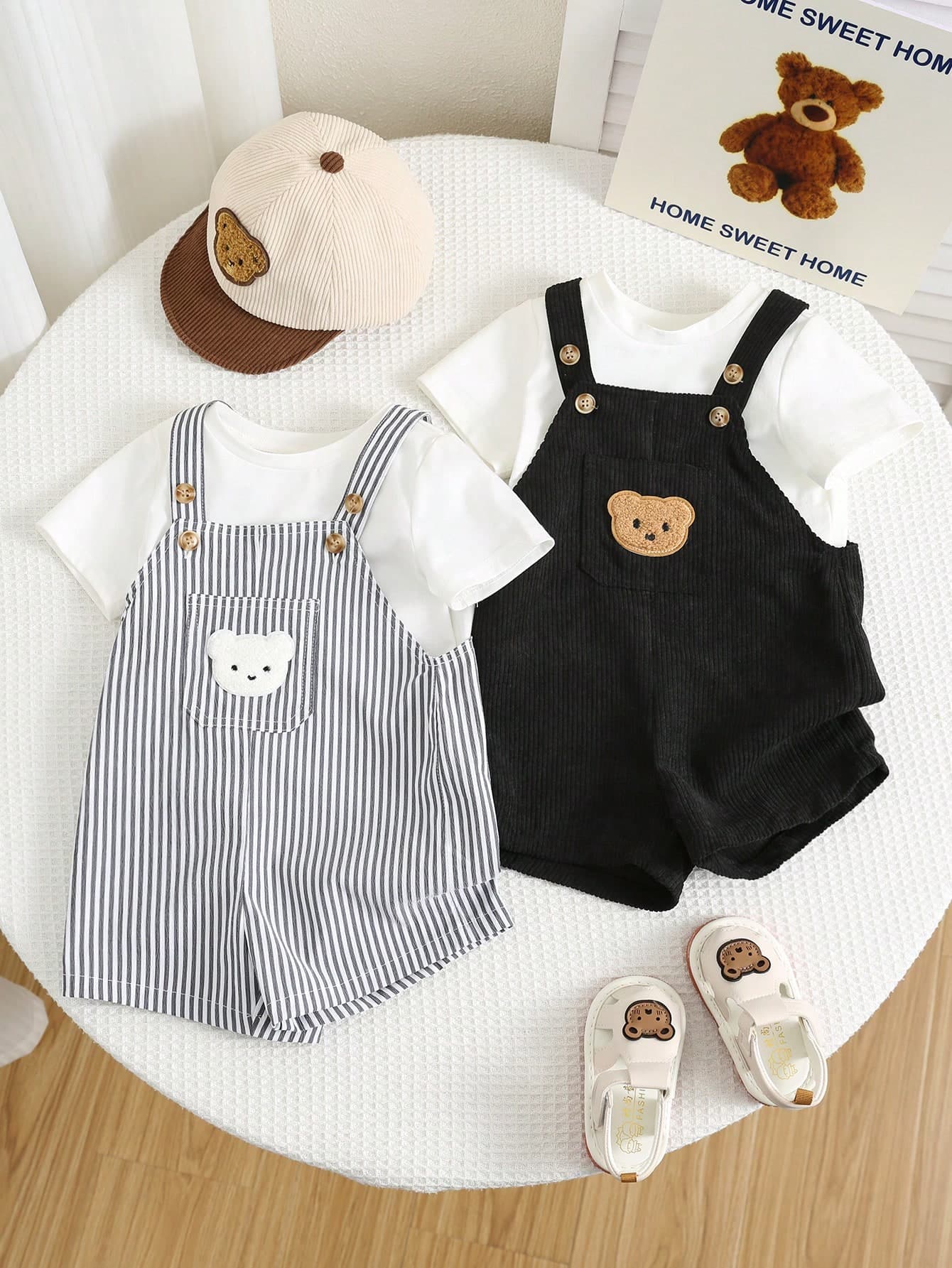 SHEIN 2pcs/Set Cute Bear Striped Adjustable Strap Romper Set, Unisex Baby Boy/Girl, Spring/Summer Baby Casual Sets Cute Baby Unisex Clothes Baby Romper Bear