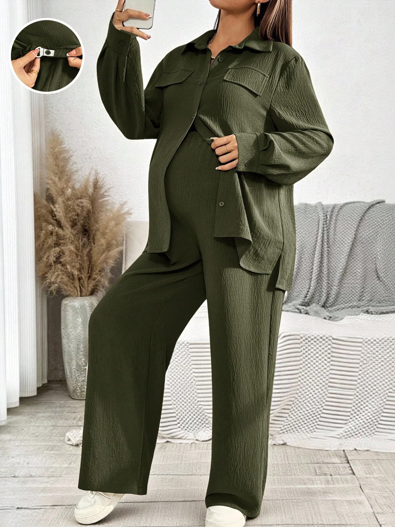 SHEIN 2pcs Maternity Set: Solid Color Long Sleeve Button-Up Shirt And Adjustable Waist Pants, Casual Fall