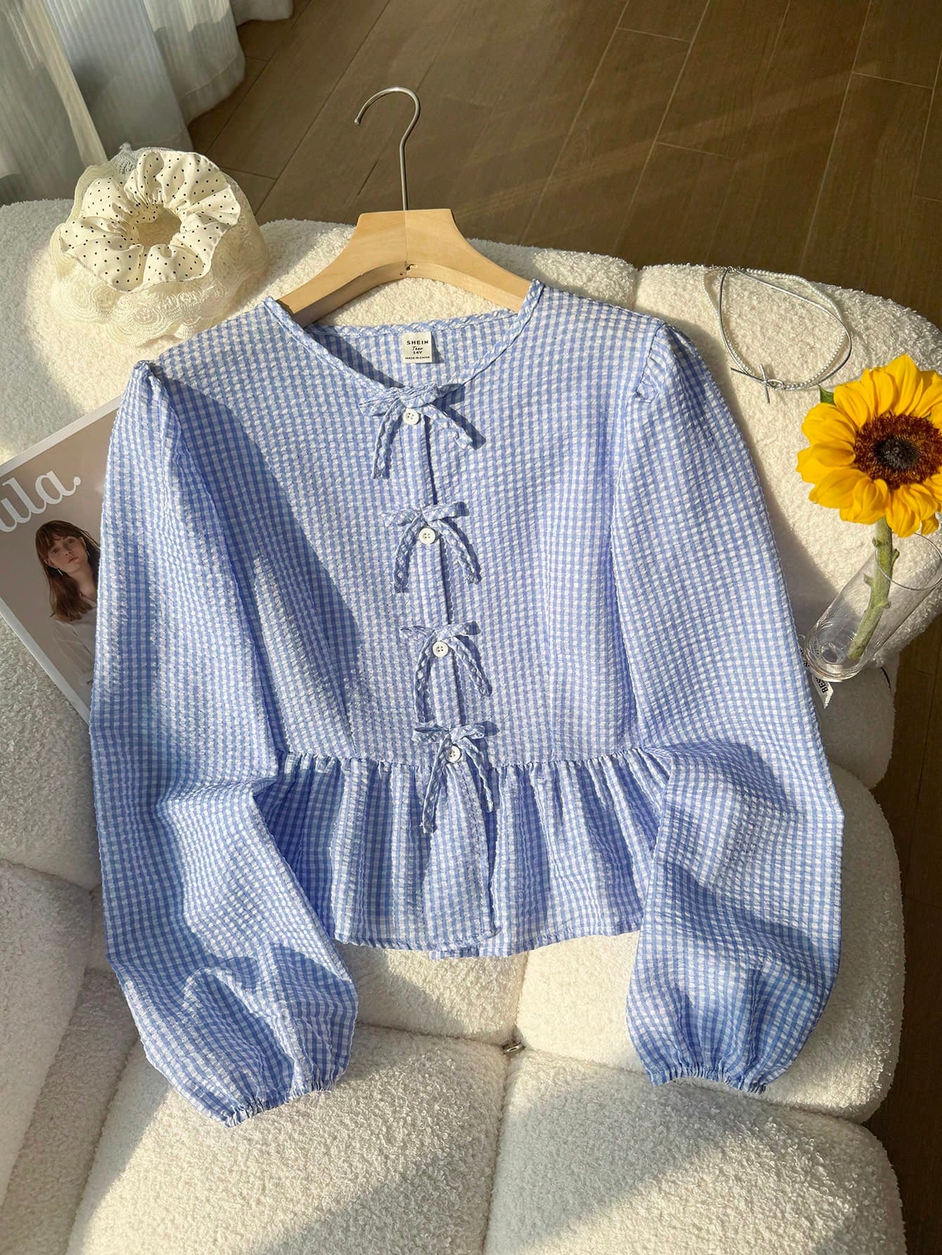 Cute Blue Striped Long Sleeve Crew Neck Shirt,Summer Vacation Holiday Loose Regular Ruffle Hem Top With Bow Decor,Casual Daily Wear For Spring/Autumn