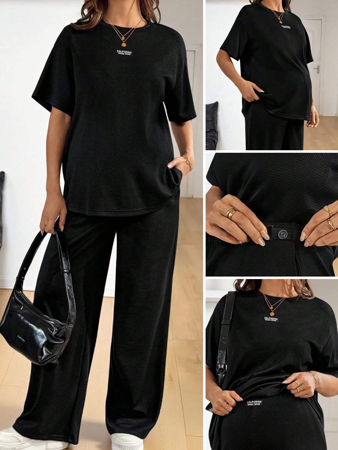 SHEIN Black And White Elegant Smart Casual Maternity Set,Summer Everyday 2 Pieces Women's Clothing,Short Sleeve Off-The-Shoulder T-Shirt & Wide Leg Pants
