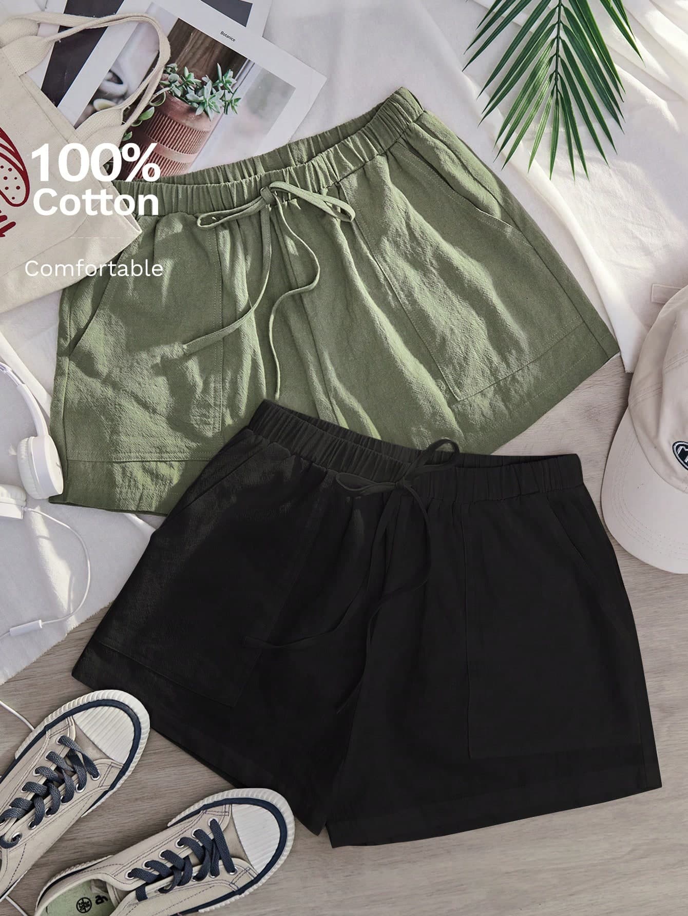 SHEIN EZwear 2 Packs Solid Elastic Waist, Tie Waist Slant Pocket Shorts