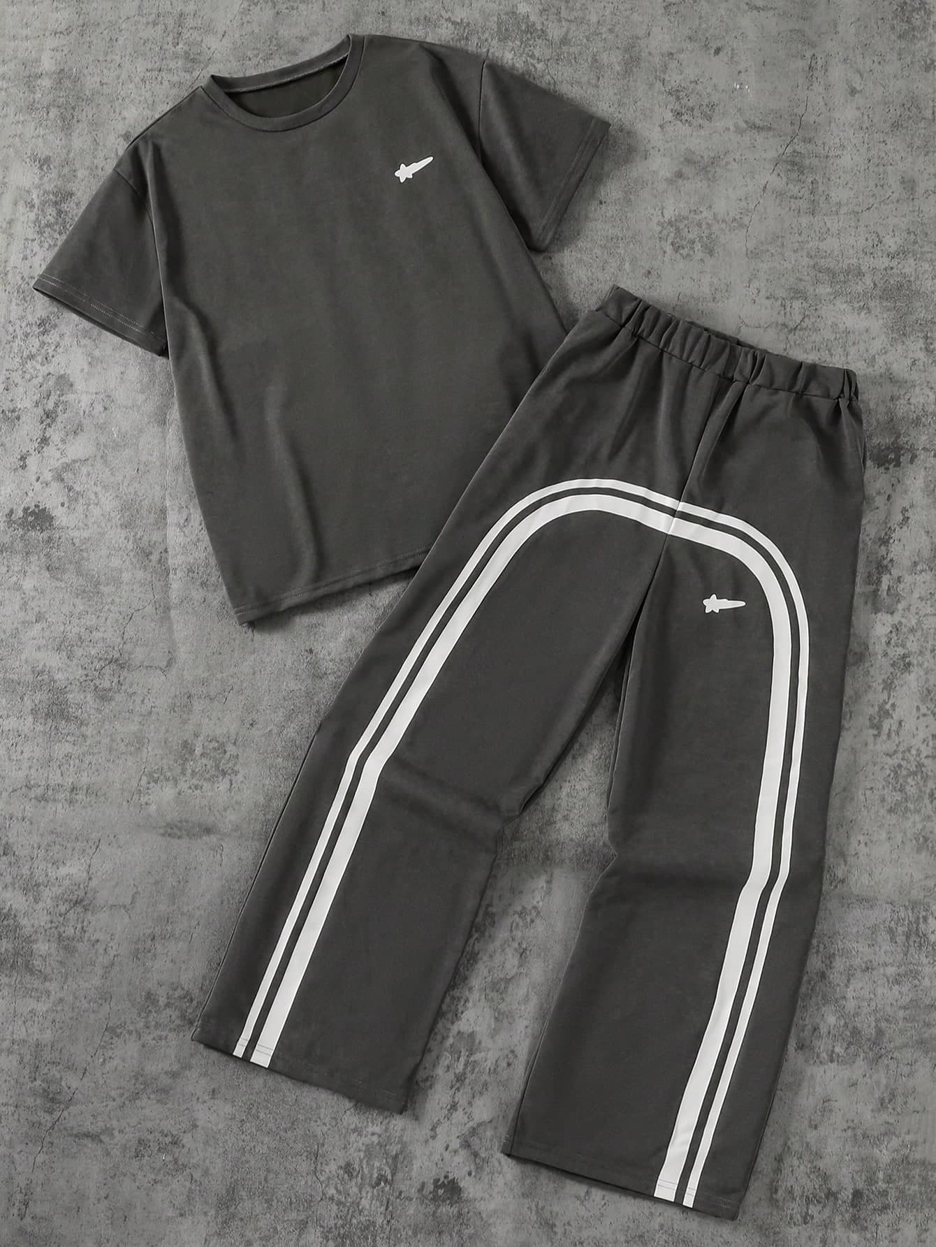 Coolqubz 2pcs/Set Teen Boys Casual Washed Star Print T-Shirt & Wide Leg Pants,Summer Streetwear Loose Fit Comfortable Outfit For School,Sports Athletic Set