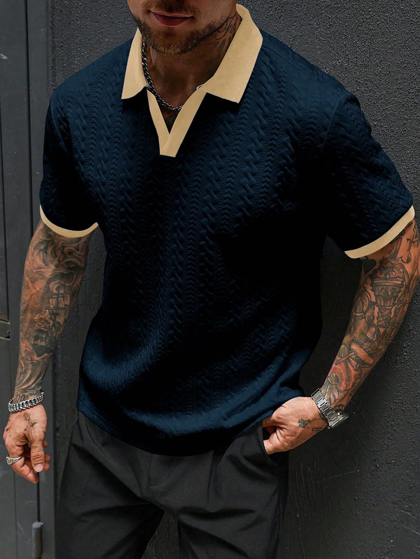 Manfinity Homme Men's Navy Blue Summer Casual Vacation Contrast Color Short Sleeve Knit Polo Shirt,Buttoned Knitted Collared Shirts,Old Money Style For Daily Leisure