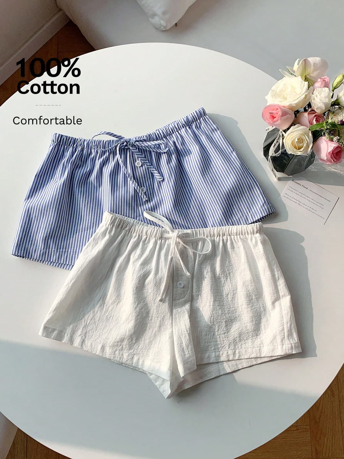 Comfortcana 2pcs Women Linen Striped Shorts