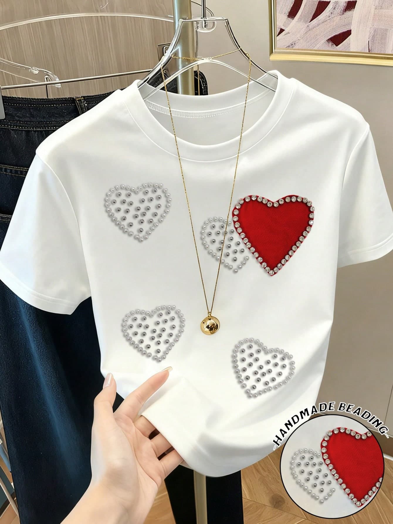 Resyla Women's Casual Heart Shaped Pearl Studded Round Neck Short Sleeve White T-Shirt, Summer