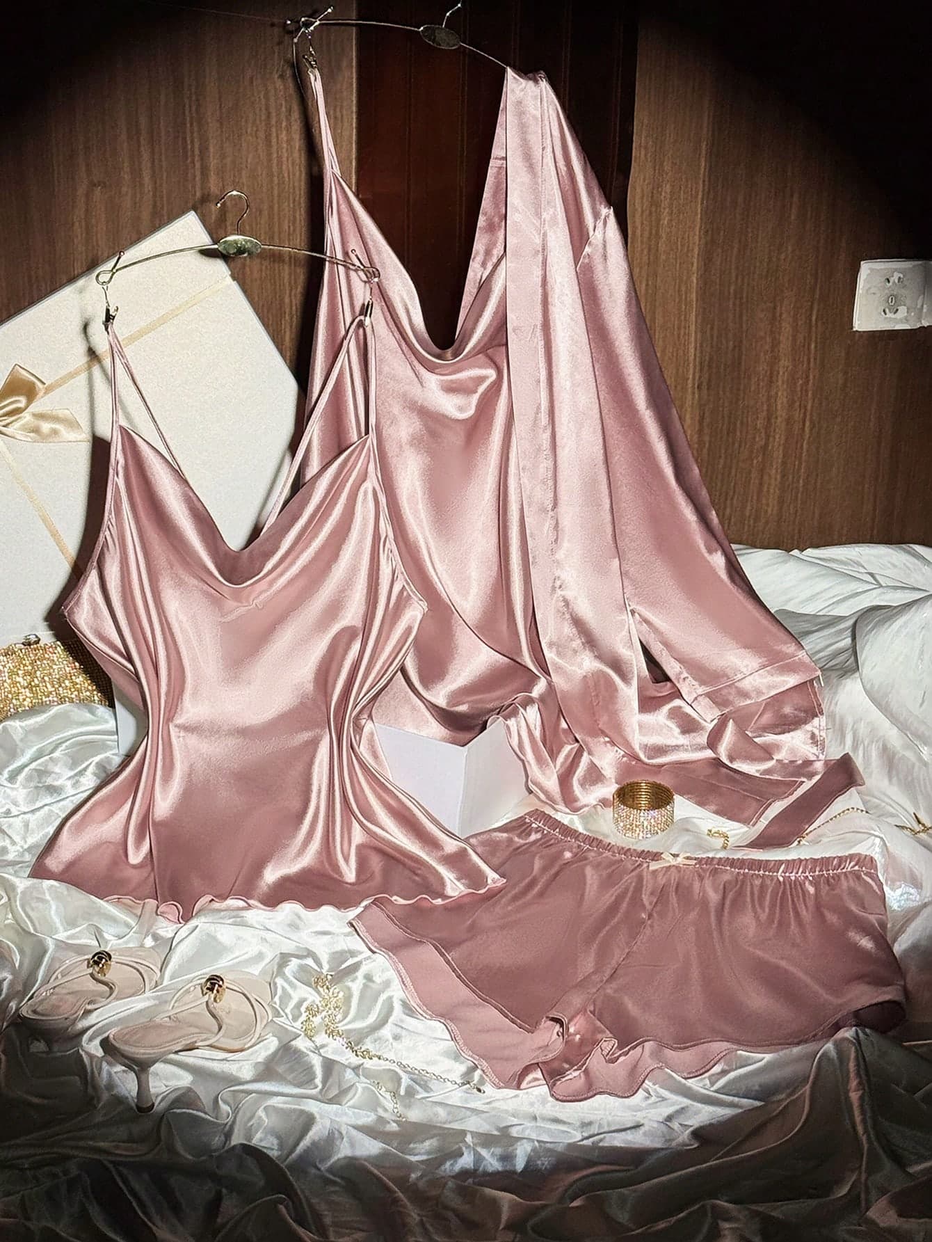 SilkySpell Plus Size Women Faux Silk Draped Neck Camisole, Shorts & Robe Sleepwear Set Sexy Sleep Set Satin Sleepwear Set Satin Pj Set Satin Lingerie Set