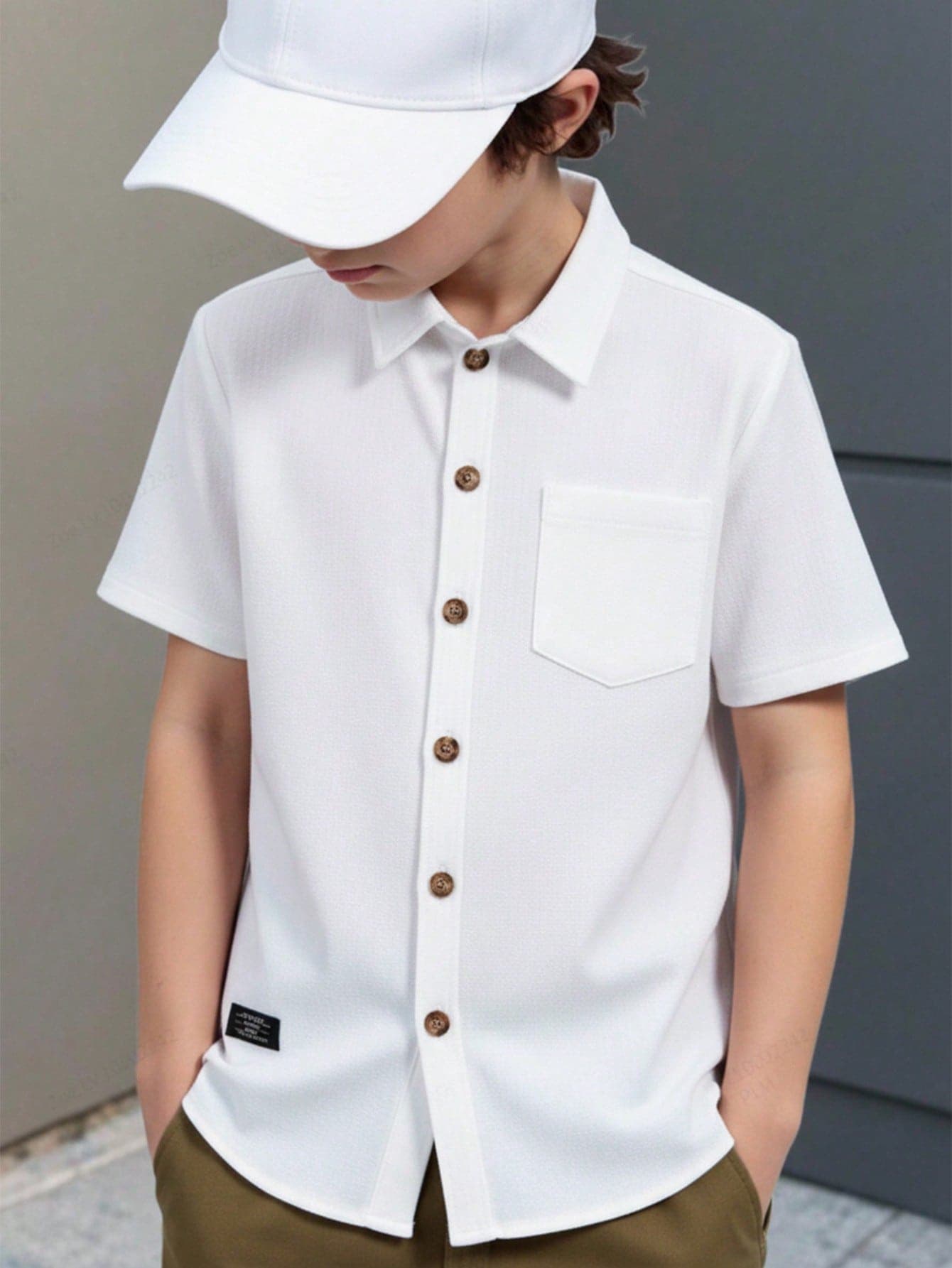 SHEIN Tween Boy Front Button Pocket Casual Short Sleeve Shirt