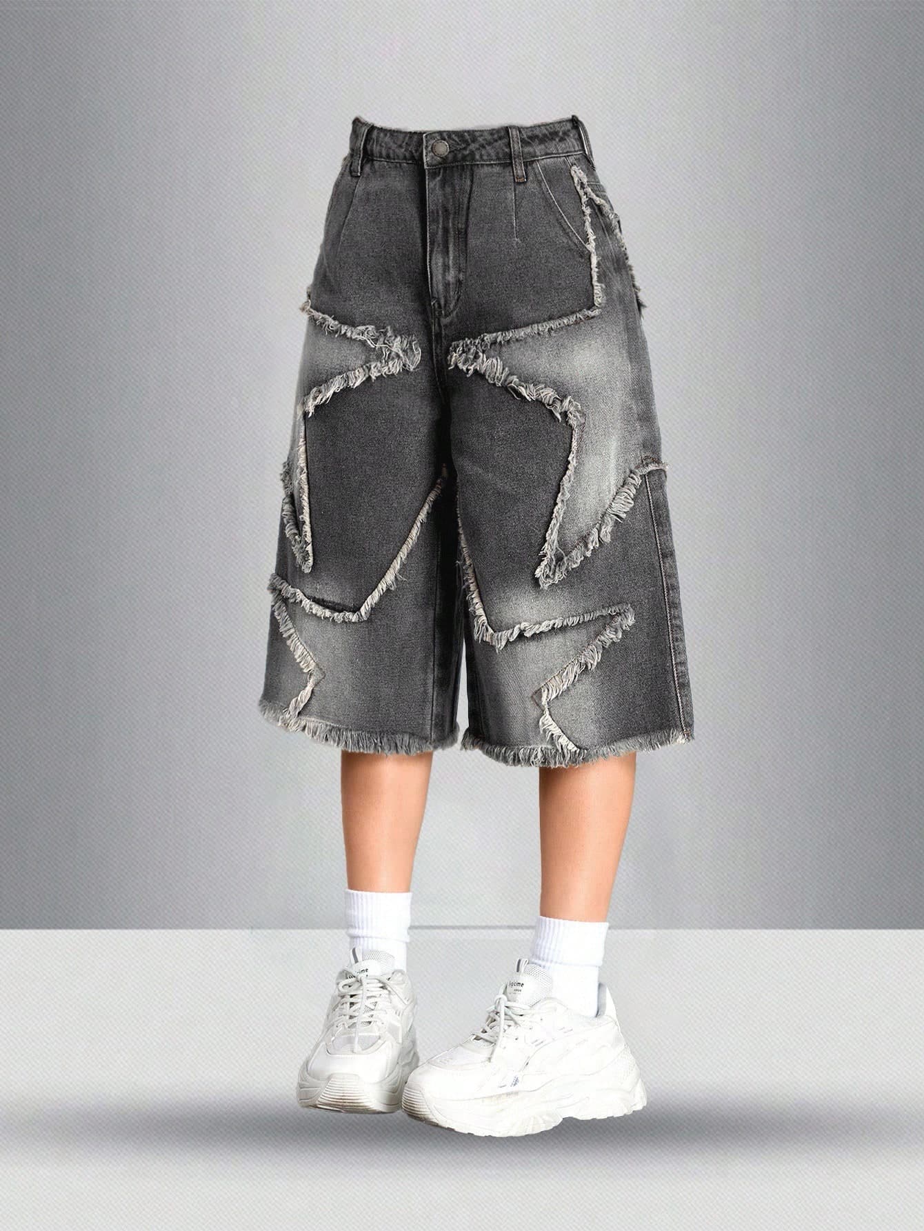 SHEIN Girlism Teen Girl Y2K Star Printed Denim Capri Boyfriend Low Rise Jeans Shorts, Casual & Fashionable For Everyday Wear,School,Streetwear,Spring Summer