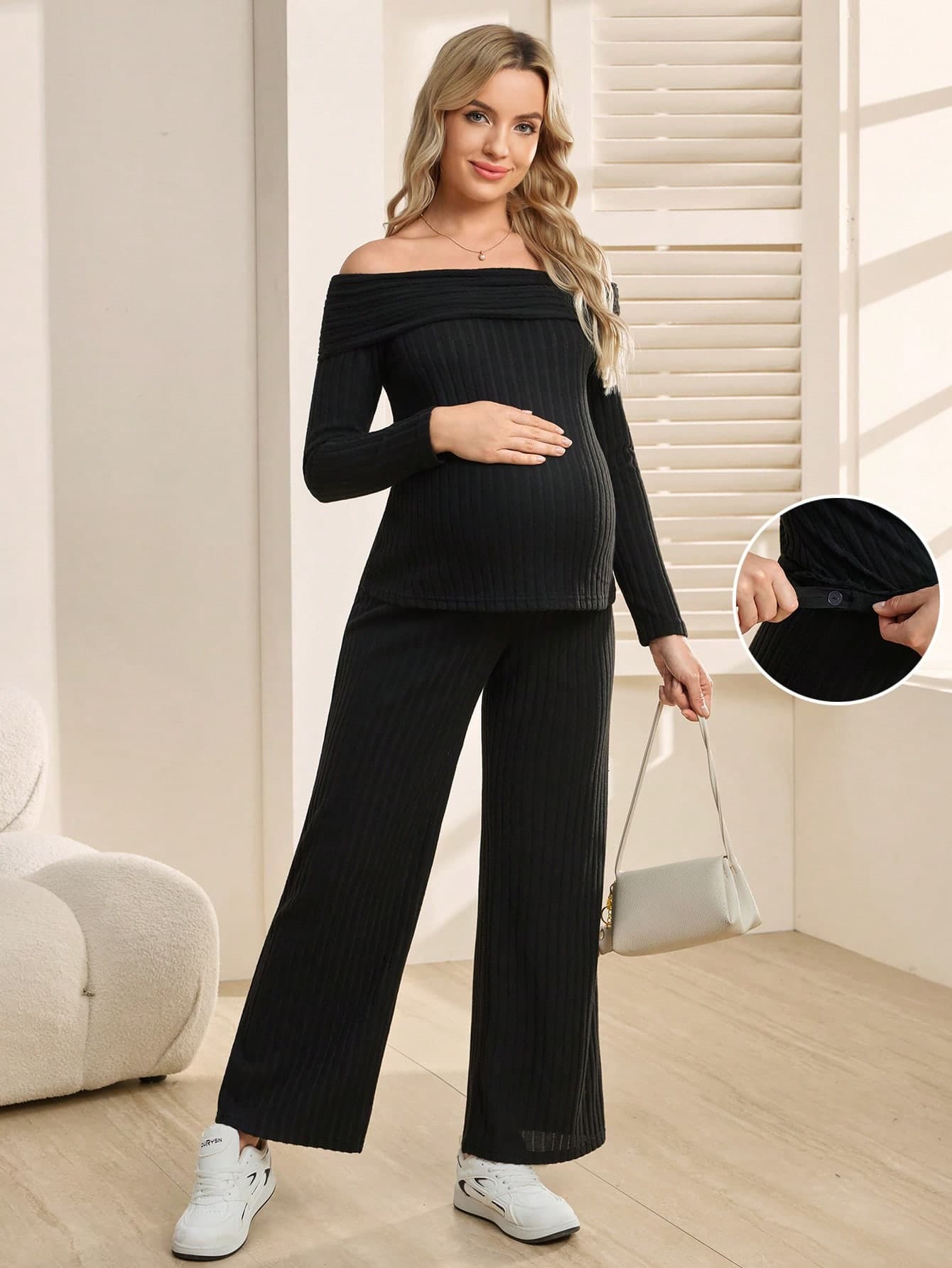SHEIN 2pcs Maternity Casual Solid Color Shoulder Top & Pants Set