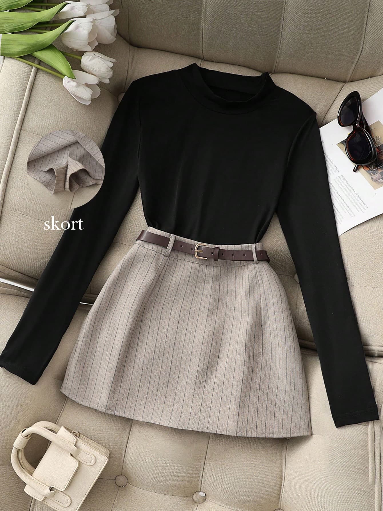 Franclia Casual Versatile Commute Black Crew Neck Long Sleeve Top Paired With Khaki Shorts/Skirt With Belt, Women 2-Piece Suit Set For Spring Autumn