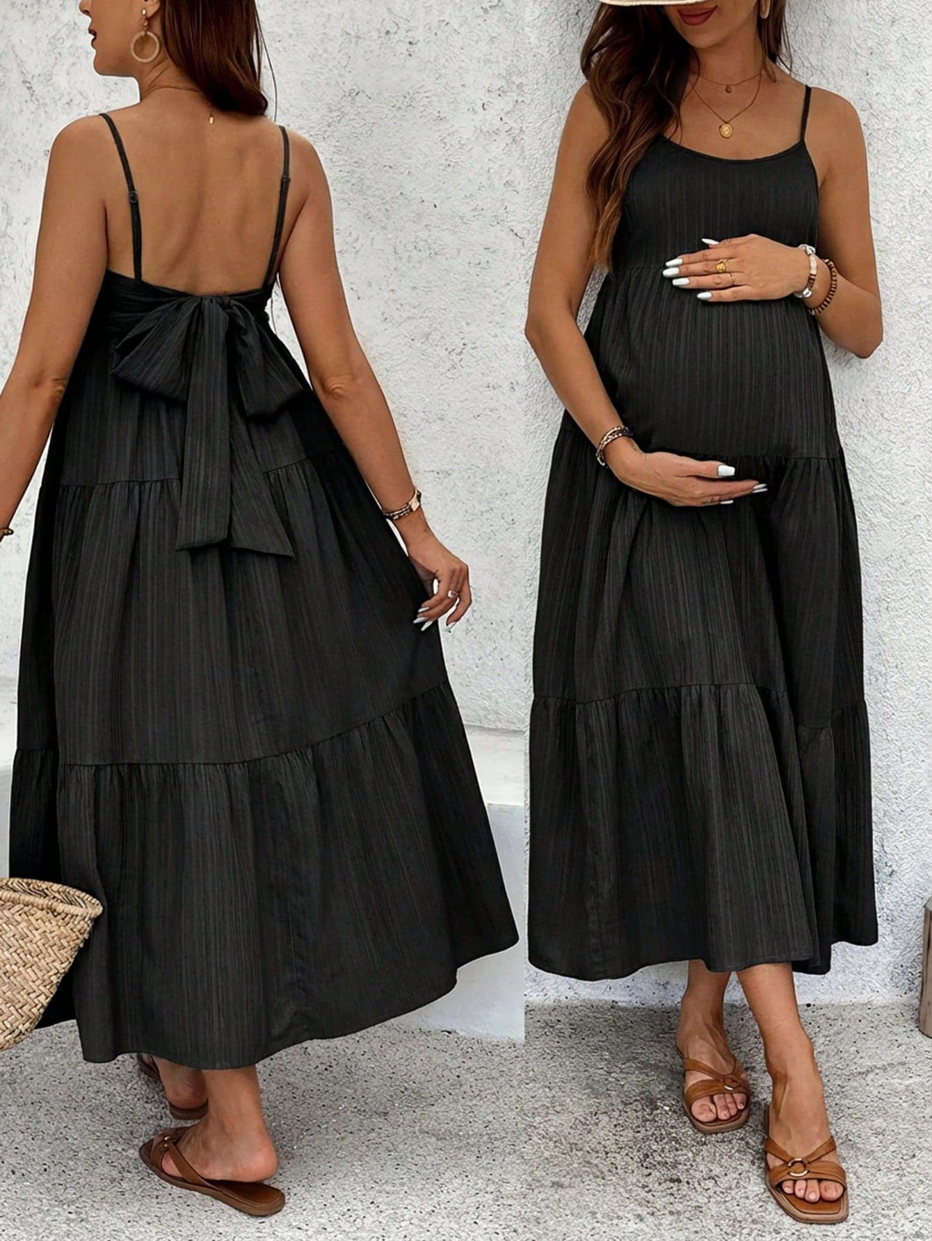 SHEIN Maternity Vacation Ruffle Hem Backless Tie Strap Dress