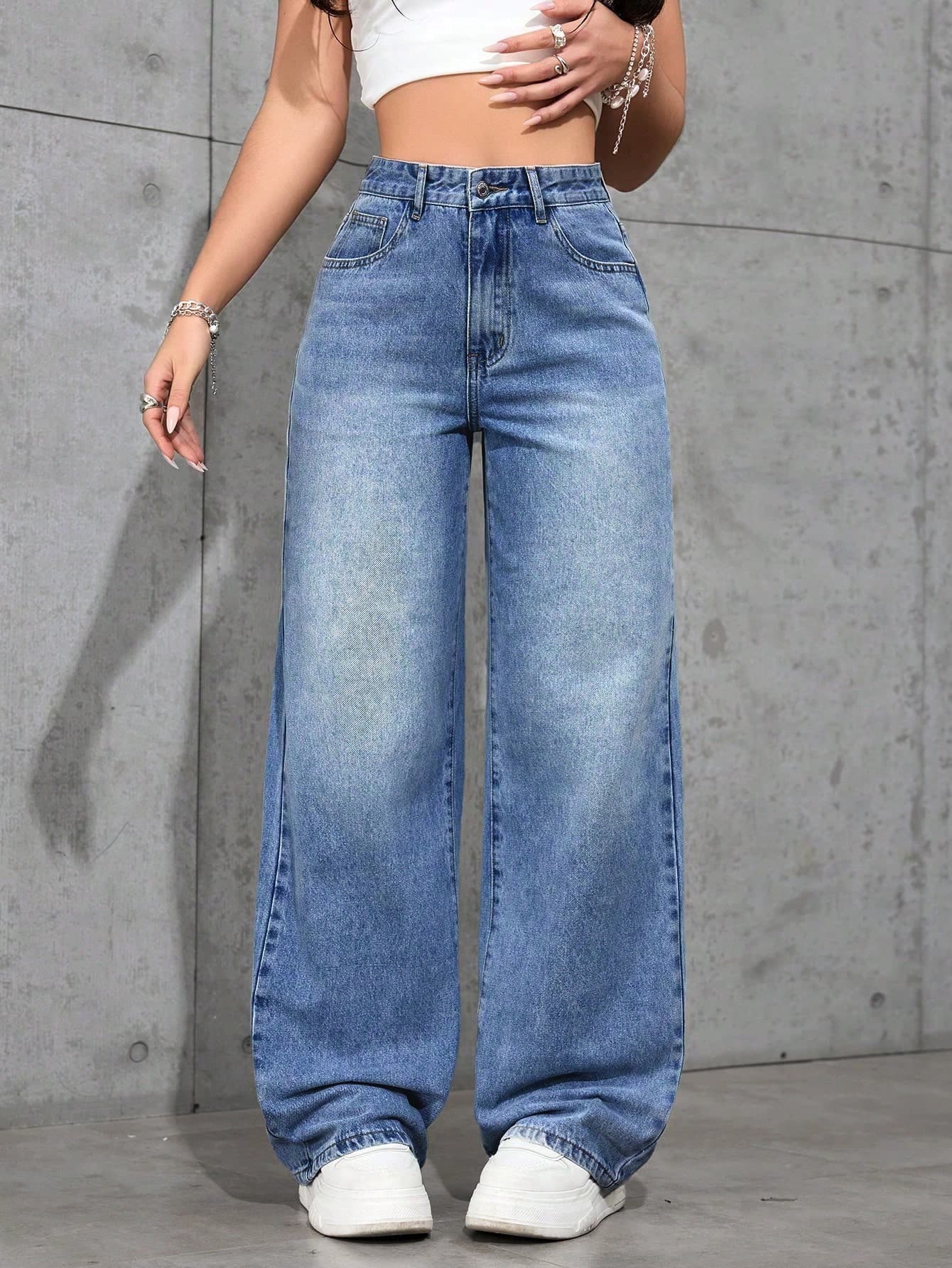 SHEIN Unity Women's High Waist Pocketed Wide Leg Loose Casual Versatile Denim Pants